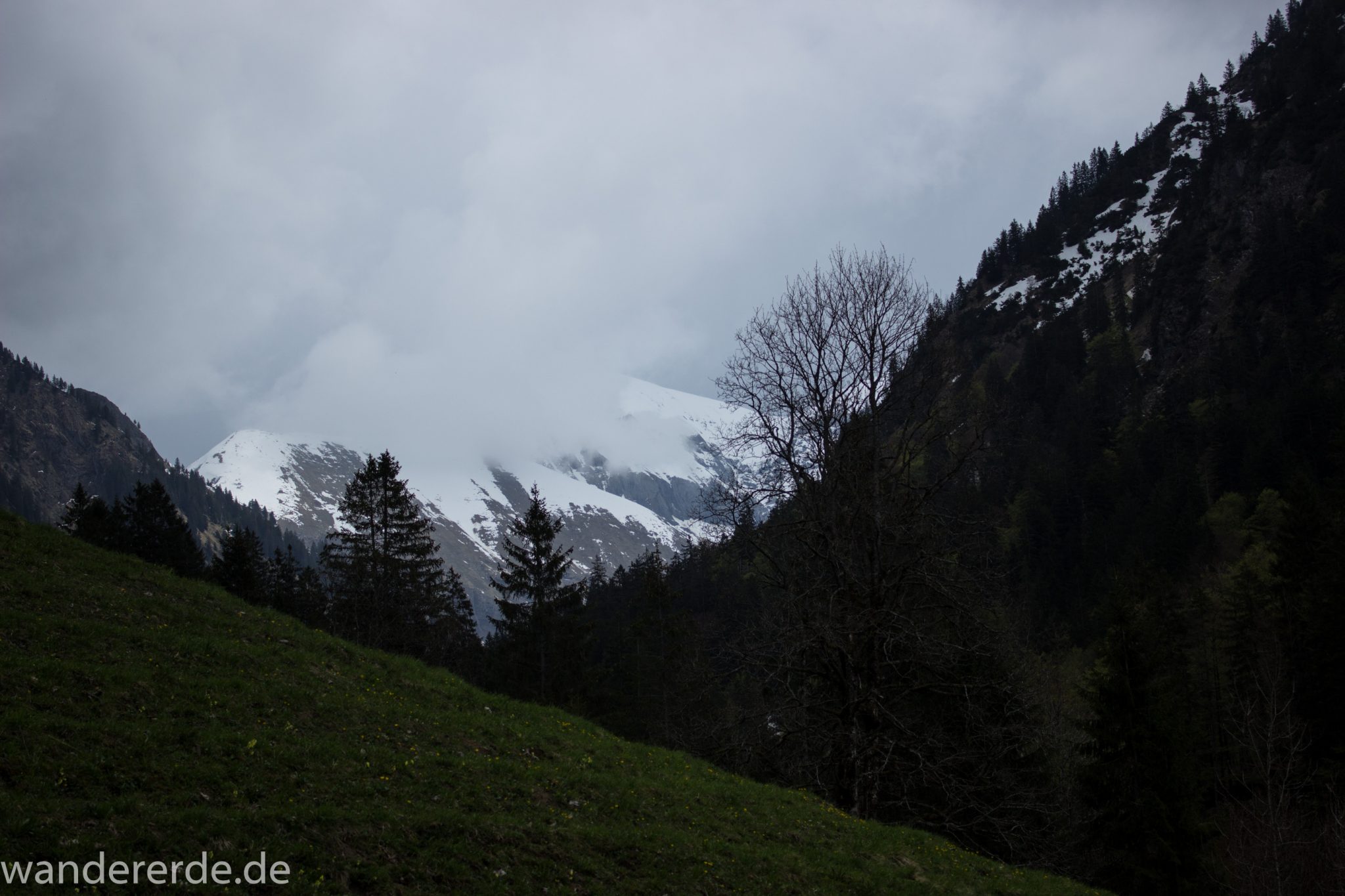 Wanderung Oberstdorf nach Gerstruben im Allgäu, Bayern, Wanderweg Rautweg führt zu schöner Ebene in den Allgäuer Alpen, kaum noch Menschen begegnen uns, grüner Wald und saftig grüne Wiesen, beeindruckende Aussicht auf umliegende Berge