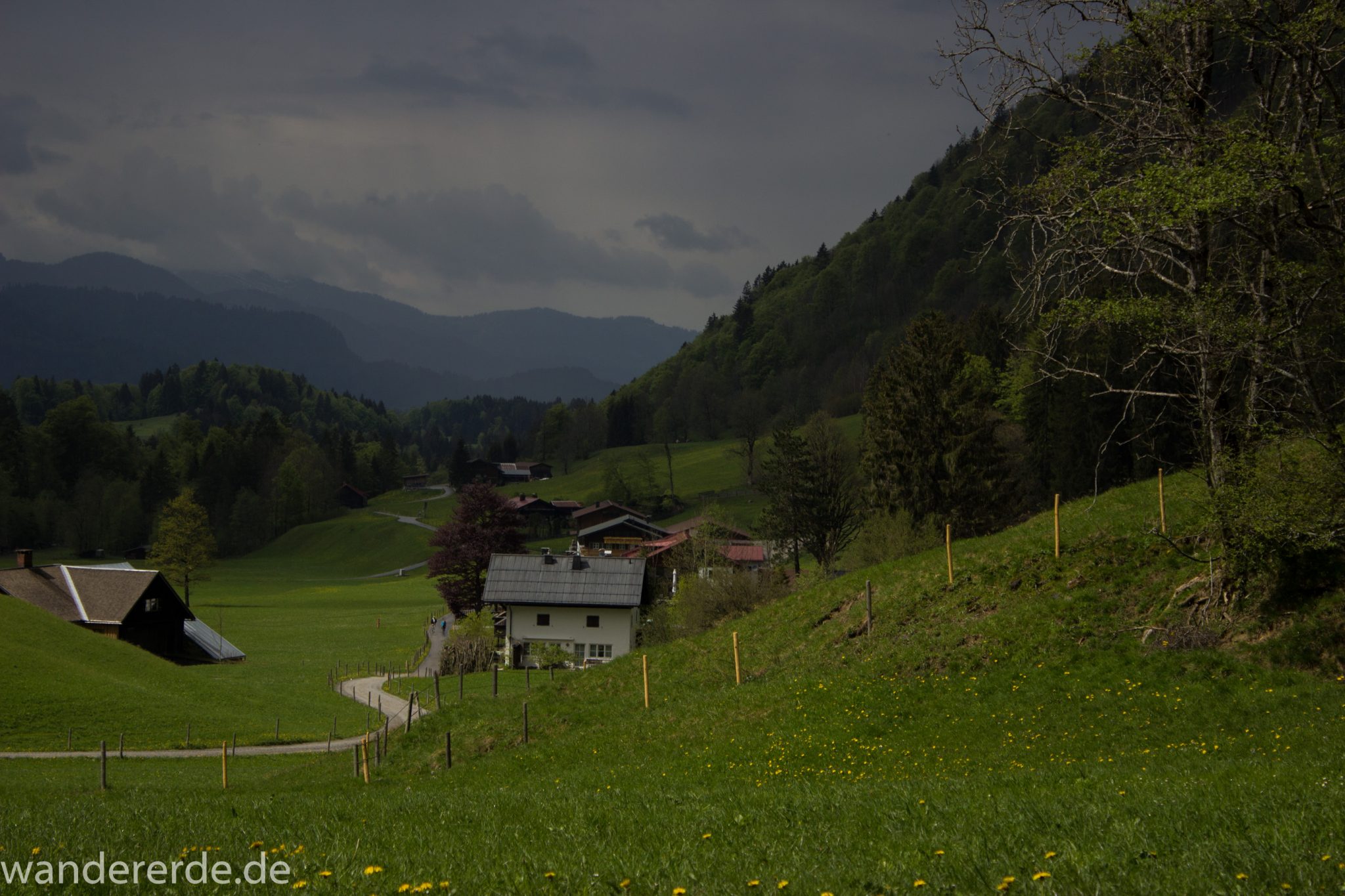 Wanderung Oberstdorf nach Gerstruben im Allgäu, Bayern, Wanderweg durch das Trettachtal, Aussicht auf schneebedeckte Berge, sattgrüne schöne Bäume und  Wiesen, Frühling in den Bergen