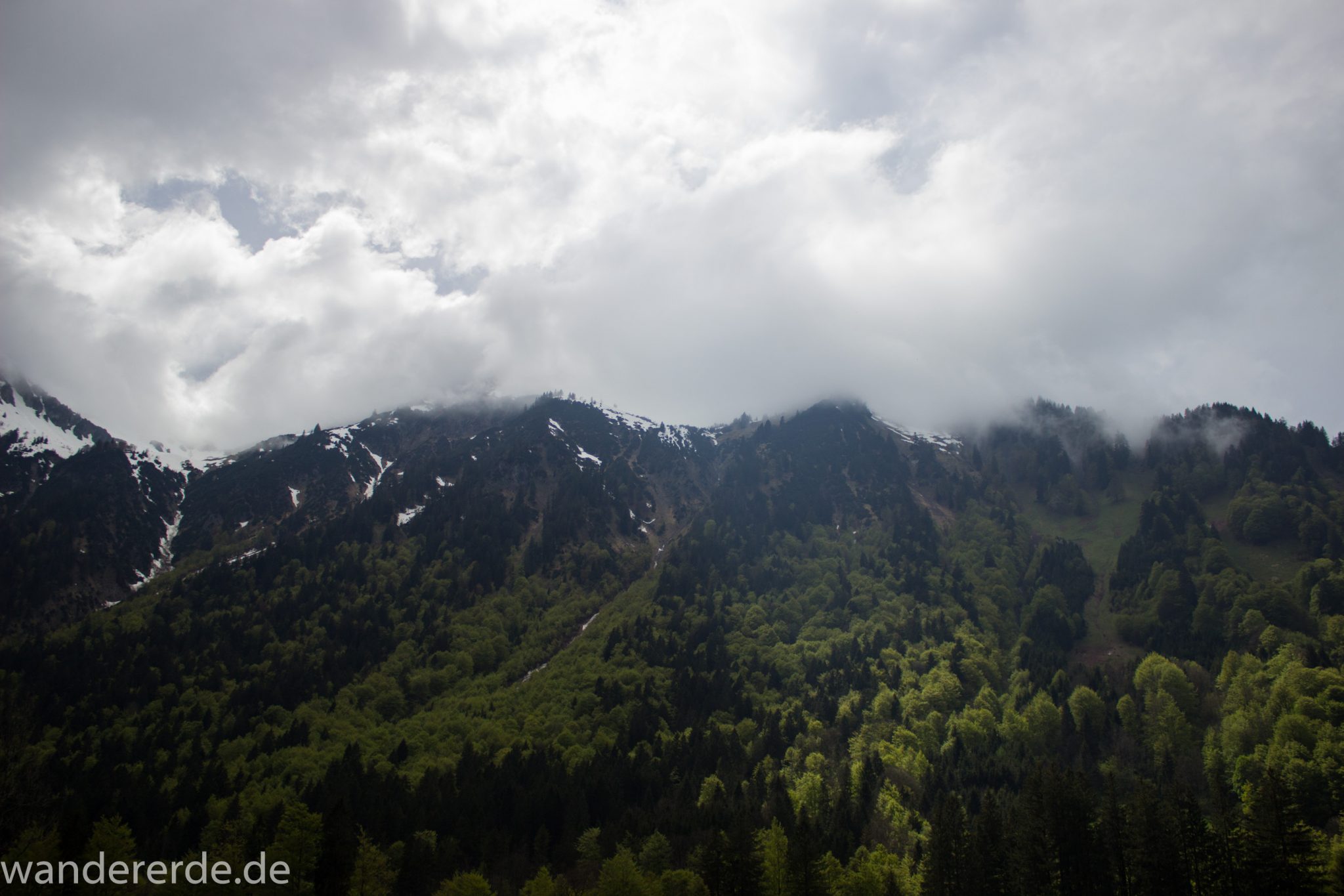 Wanderung Oberstdorf nach Gerstruben im Allgäu, Bayern, Wanderweg durch das Trettachtal, Aussicht auf schneebedeckte Berge, sattgrüne schöne Bäume, dichter Wald, Frühling in den Bergen