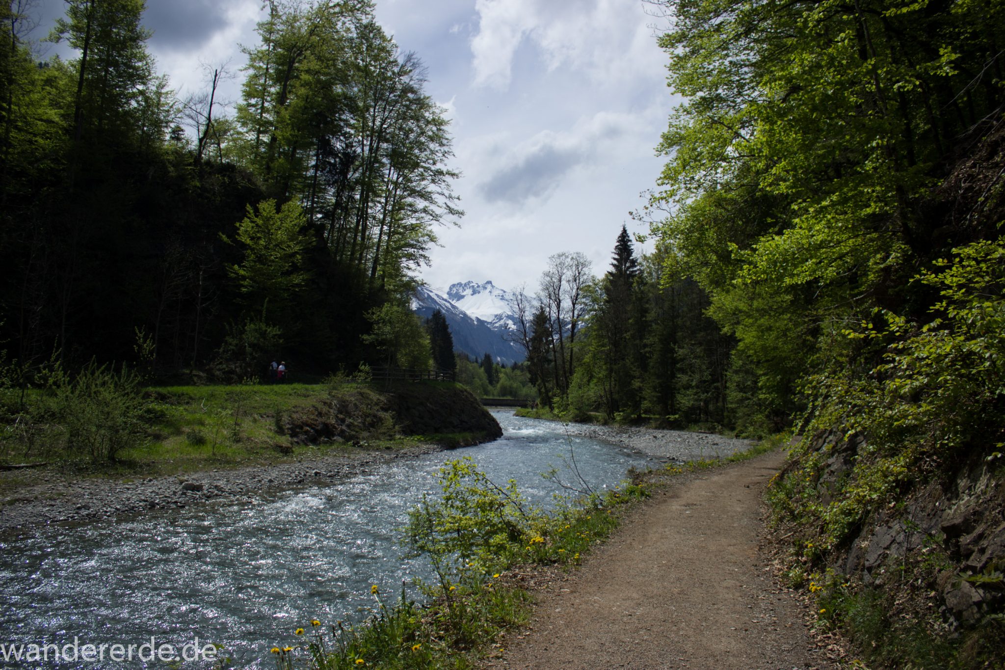 Wanderung Oberstdorf nach Gerstruben im Allgäu, Bayern, Wanderweg durch das Trettachtal, Aussicht auf Berge und Fluß Trettach, Ufer mit schönen Bäumen, sattgrüner Wald, Frühling in den Bergen