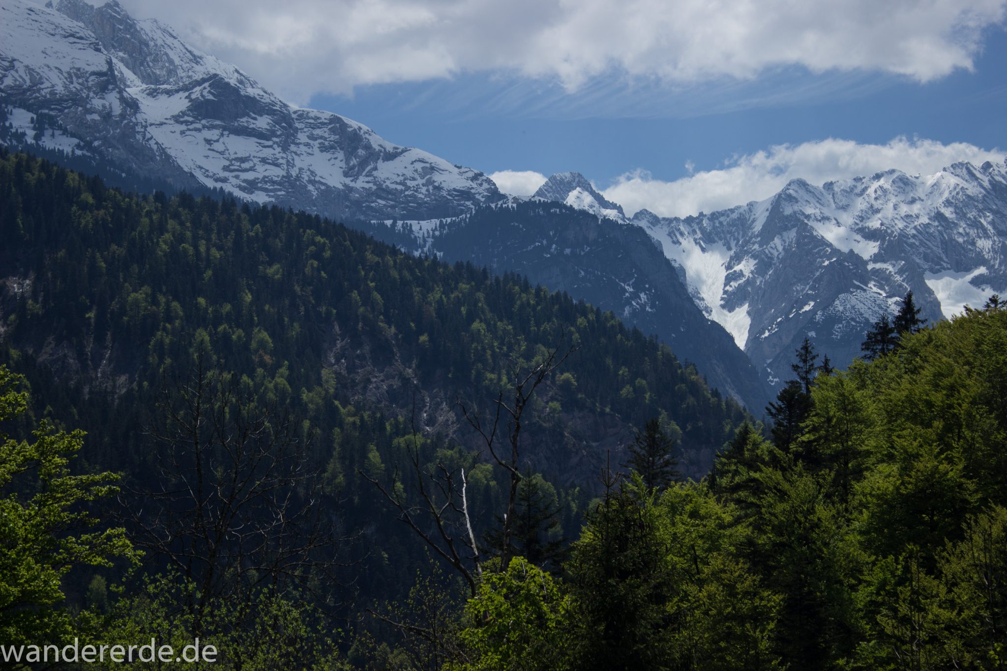 Rundwanderung Partnachklamm im Wettersteingebirge bei Garmisch-Partenkirchen, Bayern, Wanderweg hinter der Partnachklamm führt durch schönen, dichten Mischwald, die Sonne wärmt wieder nachdem es in der Klamm ziemlich kühl war, in der Ferne Blick auf schneebedeckte Berge