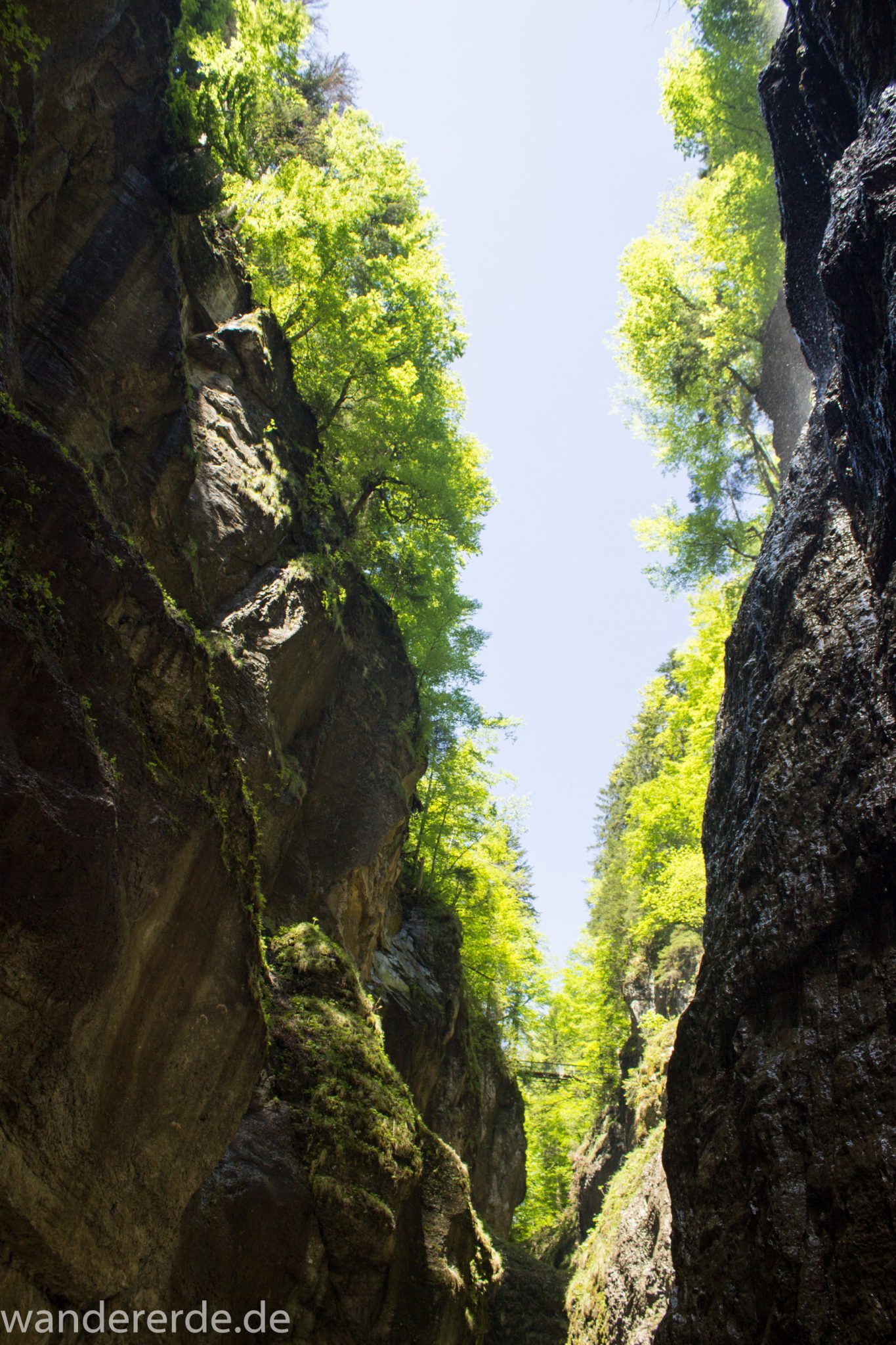 Rundwanderung Partnachklamm im Wettersteingebirge bei Garmisch-Partenkirchen, Bayern, steil aufragende Felswände, Licht strahlt von oben in die Klamm, oben wachsen Bäume, kühl und nass, Sicht auf eiserne Brücke von der man Aussicht in die Klamm hat