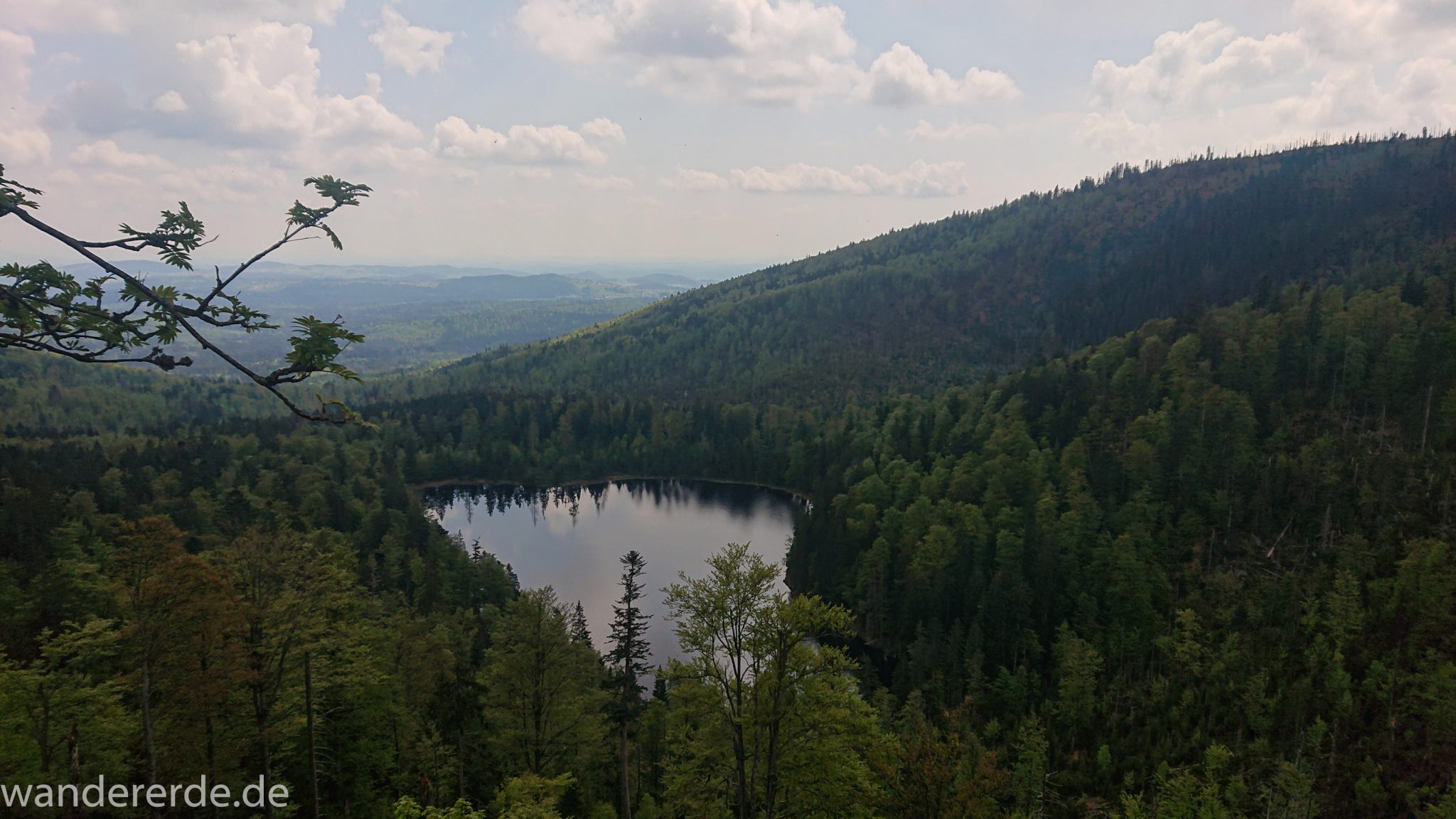 Wanderung Großer Rachel im Nationalpark Bayerischer Wald, Start Parkplatz Oberfrauenau, Aussicht auf den Rachselsee, riesiges Waldgebiet des bayerischen Waldes und Berge in der Ferne, umgeben von schönem dichtem Wald, Mischwald in verschiedensten Grüntönen