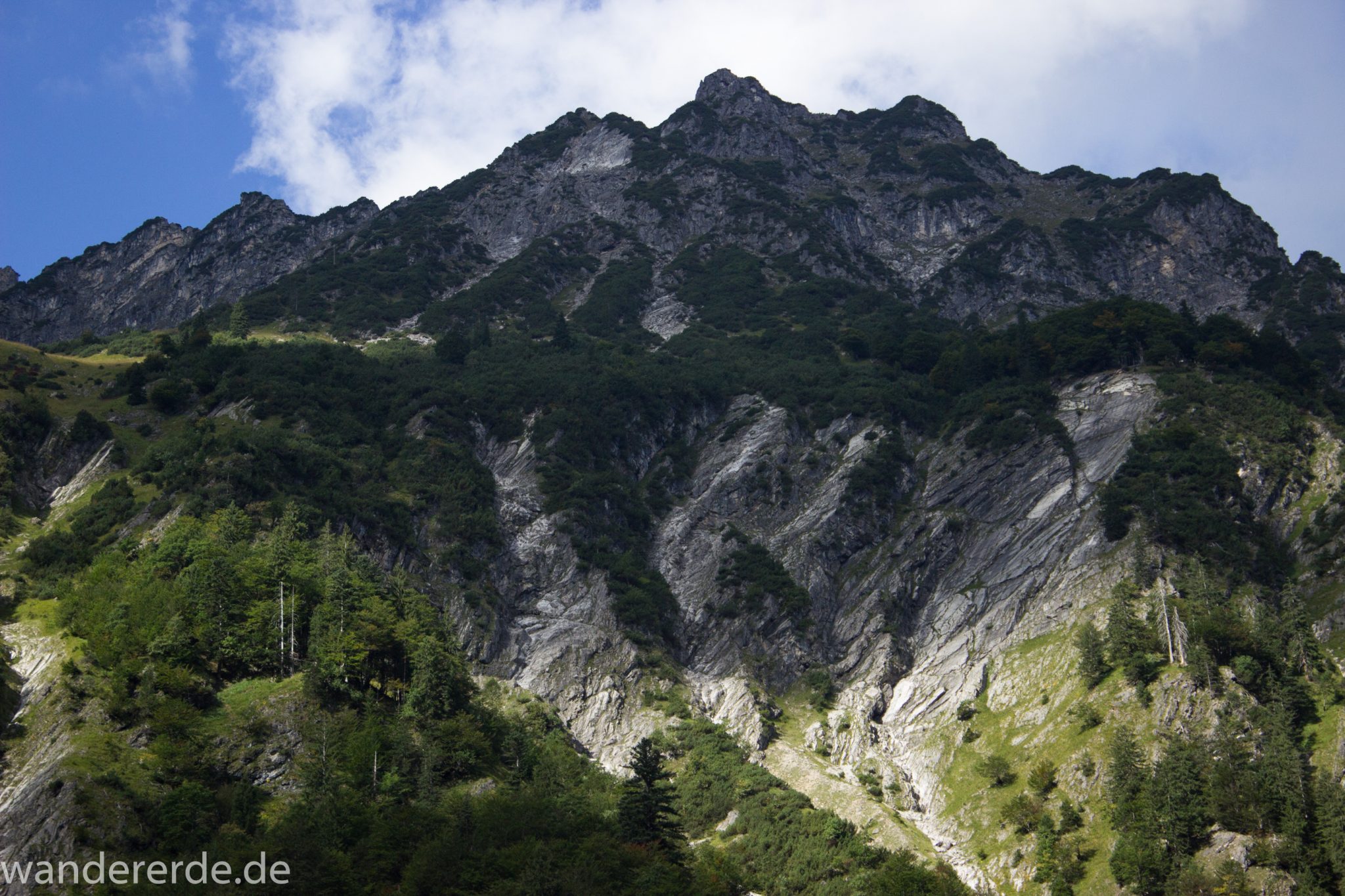 Alpenüberquerung Fernwanderweg E5 Oberstdorf Meran, 1. Etappe von Oberstdorf zur Kemptner Hütte, Wanderweg führt von Oberstdorf zur Spielmannsau entlang saftig grüner Wiesen im Allgäu mit grünem Wald, Aussicht auf die Berge im Allgäu, Bayern