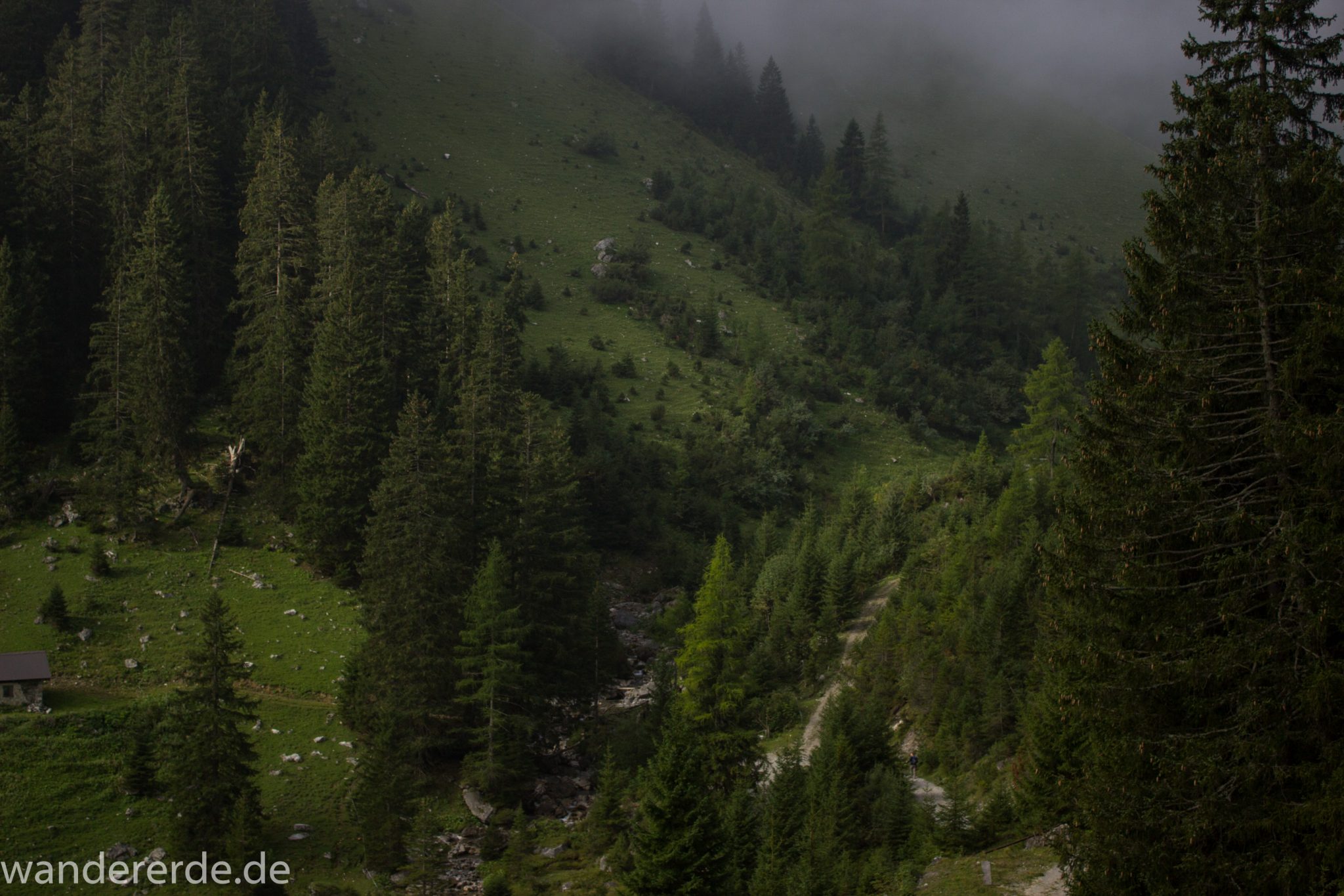 Alpenüberquerung Fernwanderweg E5 Oberstdorf Meran, 2. Etappe von Kemptner Hütte zur Memminger Hütte, schöner und abwechslungsreicher Wanderweg führt absteigend über die Obere und Untere Rossgumpenalpe in das sehr schöne Höhenbachtal mit beeindruckender Landschaft, grüne Vegetation mit Bäumen und Wiesen, idyllischer Rossgumpenbach fließt durch wolkenverhangenes Tal