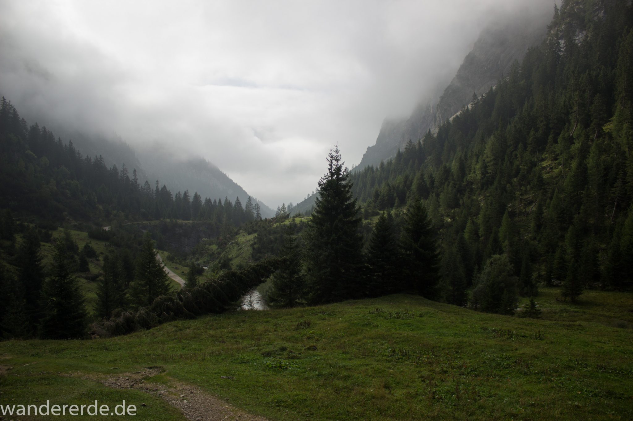Alpenüberquerung Fernwanderweg E5 Oberstdorf Meran, 2. Etappe von Kemptner Hütte zur Memminger Hütte, schöner und abwechslungsreicher Wanderweg führt absteigend über die Obere und Untere Rossgumpenalpe in das sehr schöne Höhenbachtal mit beeindruckender Landschaft, grüne Vegetation mit Bäumen und Wiesen, idyllischer Rossgumpenbach fließt durch wolkenverhangenes Tal