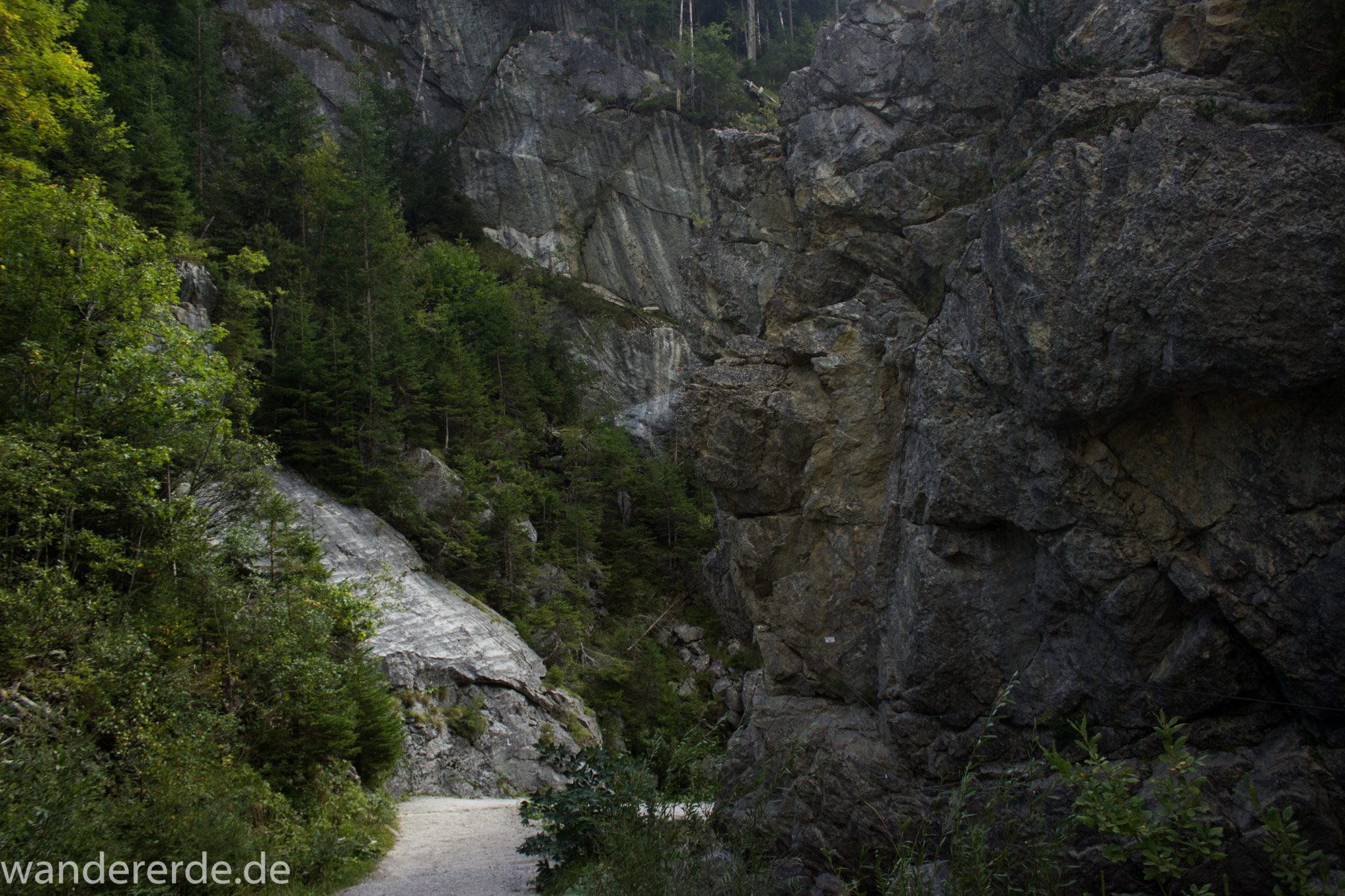Alpenüberquerung Fernwanderweg E5 Oberstdorf Meran, 2. Etappe von Kemptner Hütte zur Memminger Hütte, schöner und abwechslungsreicher Wanderweg führt absteigend über die Obere und Untere Rossgumpenalpe in das sehr schöne Höhenbachtal mit beeindruckender Landschaft, grüne Vegetation mit Bäumen, hohe Felswände in der Nähe des Simms-Wasserfall