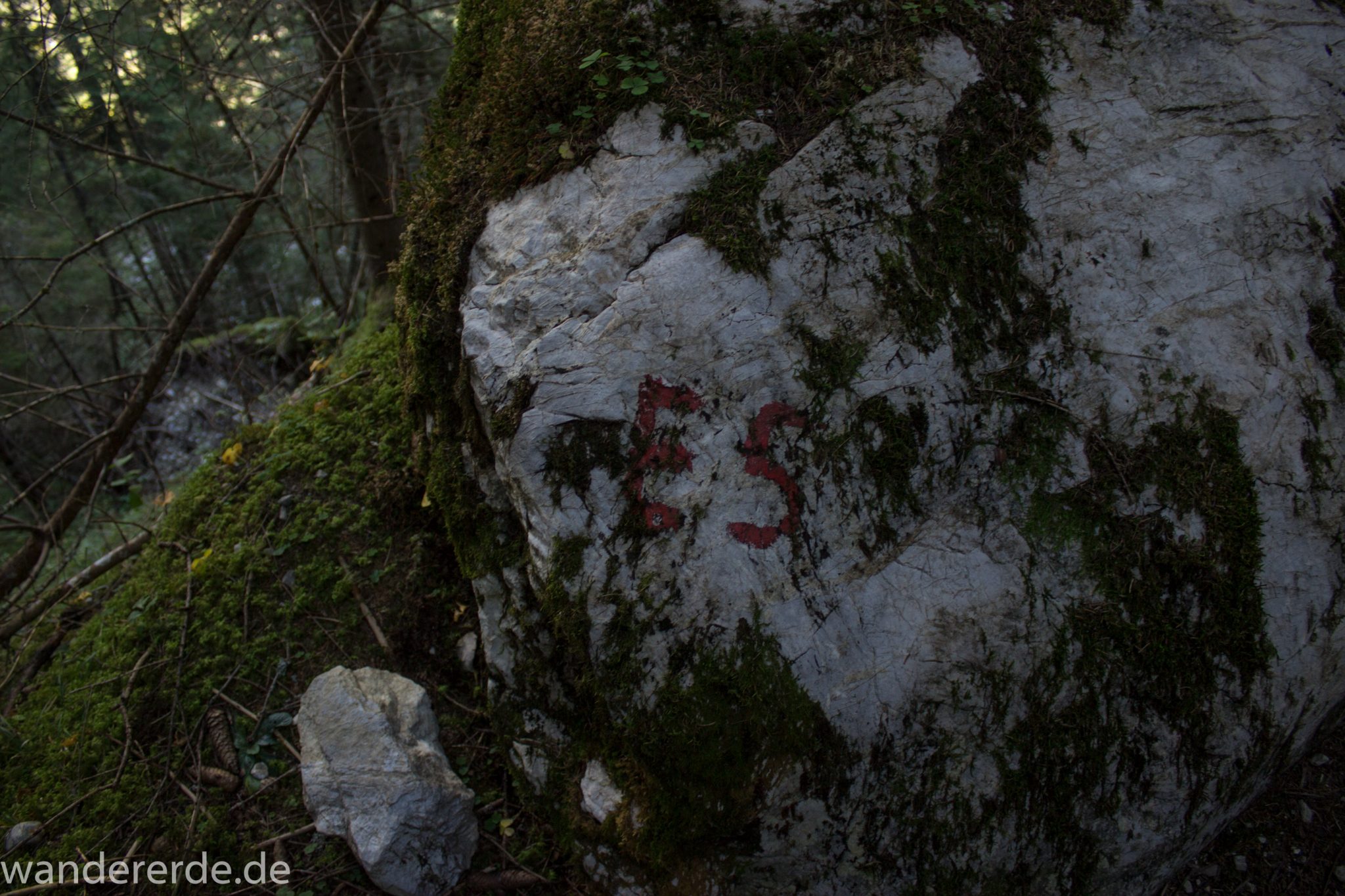 Alpenüberquerung Fernwanderweg E5 Oberstdorf Meran, 2. Etappe von Kemptner Hütte zur Memminger Hütte, schöner Wanderweg führt ab Ort Bach Winkl durch das schöne Madautal mit idyllischer Landschaft und grüner Vegetation, Wegmarkierung E5 auf großem Stein, auf Beschilderung nicht ersichtlich das der E5 hier entlang führt, dies ist auch am Weg erkennbar, Wanderweg führt bis zur Materialseilbahn der Memminger Hütte