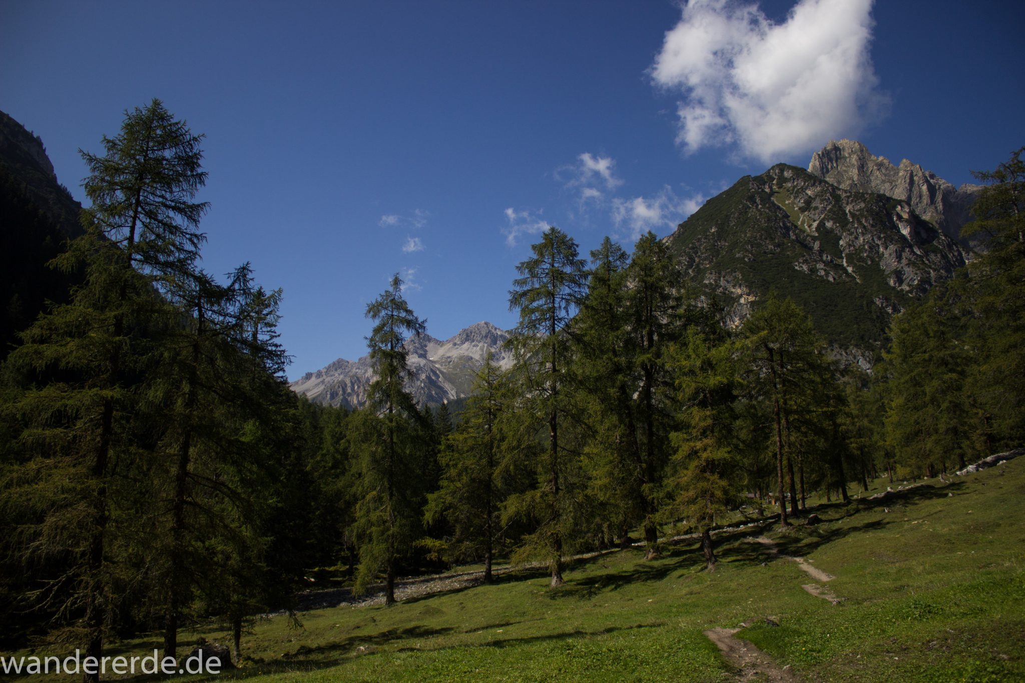 Alpenüberquerung Fernwanderweg E5 Oberstdorf Meran, 3. Etappe von Memminger Hütte zur Skihütte Zams, nach Erreichen der Seescharte folgt ein sehr langer Abstieg auf schmalem Wanderpfad Richtung Zams durch das Lochbachtal, Abschnitt  mit saftig grünen Wiesen und Bäumen, Aussicht auf die Berge der Alpen