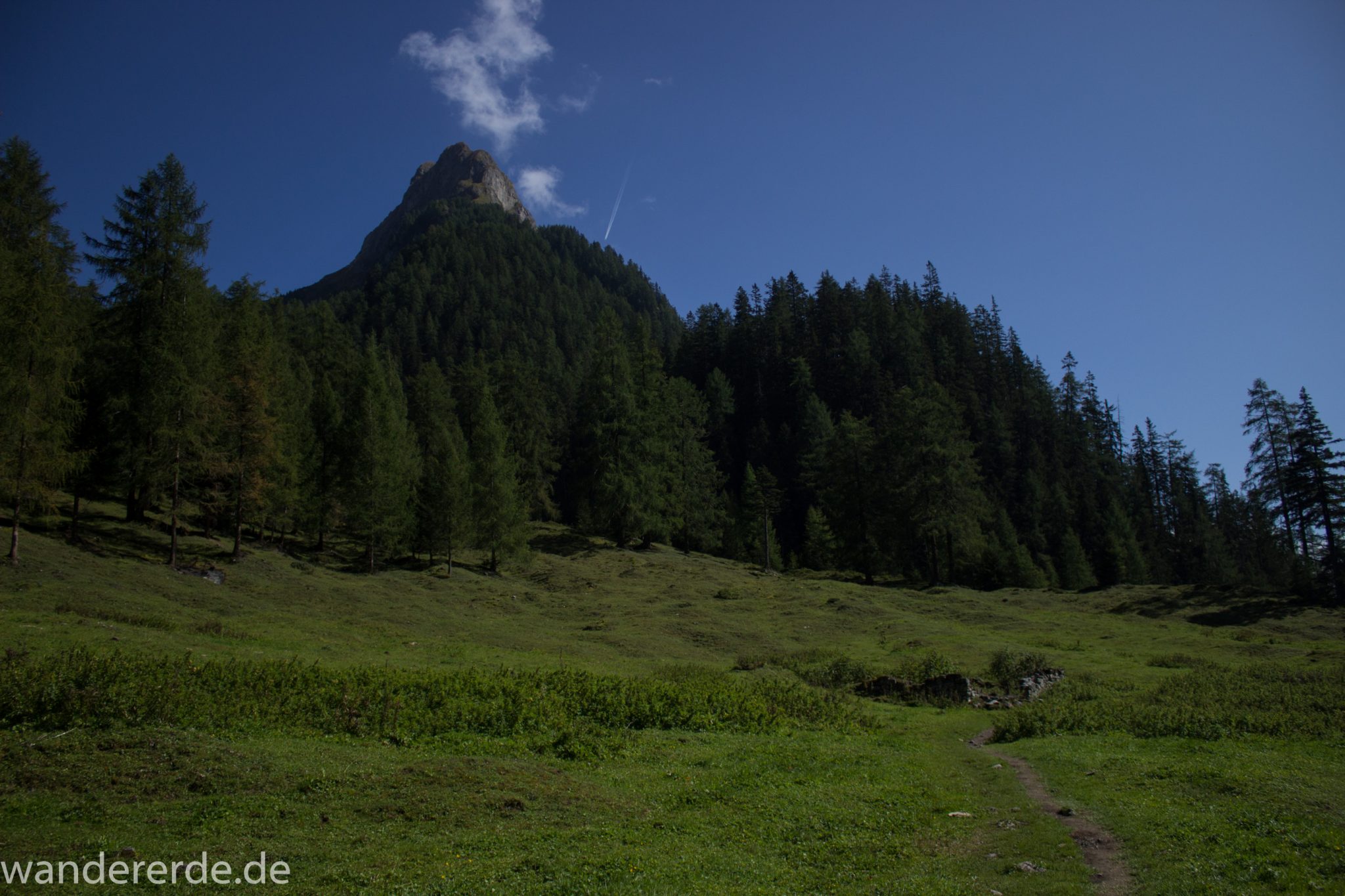Alpenüberquerung Fernwanderweg E5 Oberstdorf Meran, 3. Etappe von Memminger Hütte zur Skihütte Zams, nach Erreichen der Seescharte folgt ein sehr langer Abstieg auf schmalem Wanderpfad Richtung Zams zunächst durch das Lochbachtal und dann ins Zammer Loch, Abschnitt  mit saftig grünen Wiesen und Bäumen, Wanderweg ist schmal, aber hier kurzzeitig nicht mehr so steil