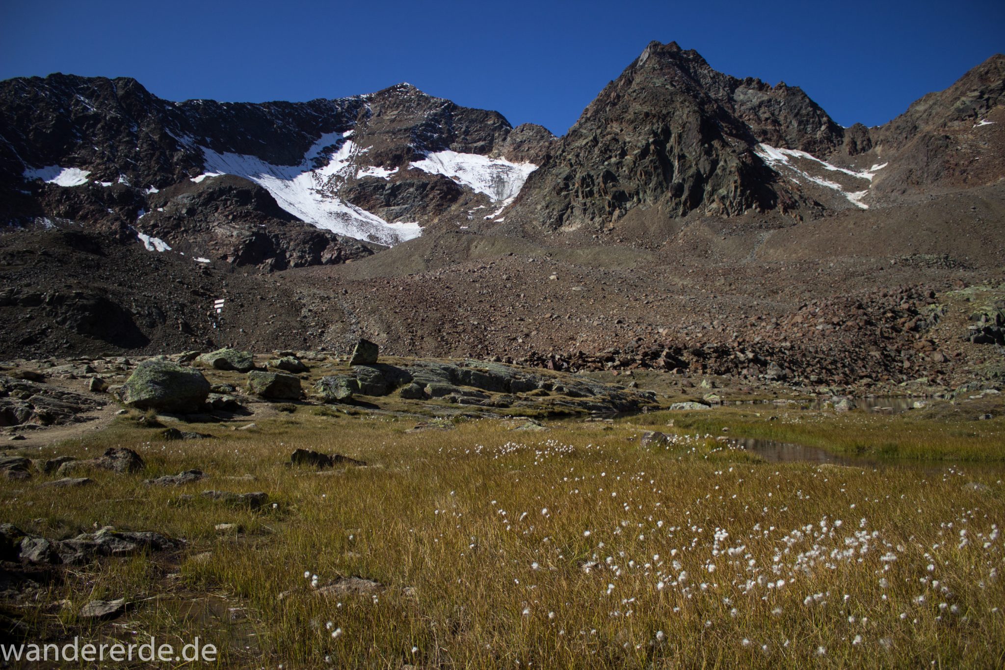 Alpenüberquerung Fernwanderweg E5 Oberstdorf Meran, 5. Etappe von Braunschweiger Hütte zur Martin-Busch-Hütte, Wanderung auf dem neuen Panoramaweg nach Vent dauert 4 Stunden, sehr abwechslungsreiche Wegführung auf schmalem, schönem Wanderweg, Zeit vergeht schnell, immer nur kurze Abschnitte ansteigend bergauf, dann wieder bergab, zauberhafte Ausblicke auf die umliegenden Berge und ins Tal, herrliches Wetter zum Wandern bei strahlendem Sonnenschein, Blick auf Hochebene mit Blumen und kleinem Bach