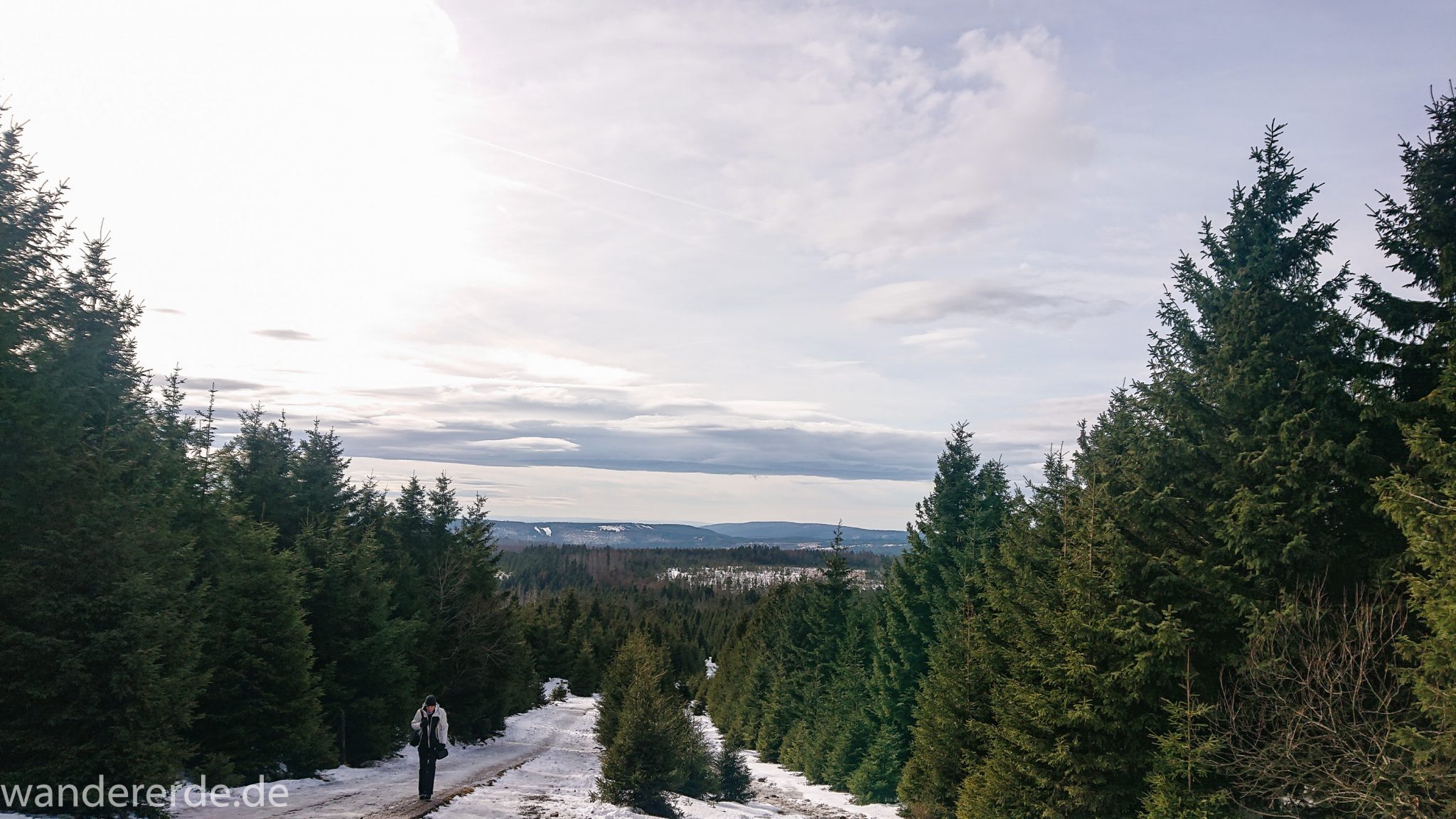 Wanderung zum Brocken über Goetheweg ab Torfhaus, Wanderung im Harz in Niedersachsen, Wanderweg umgeben von schönem dichtem Wald, Reste von Schnee schmelzen, weite Aussicht, Wanderer auf Wanderweg