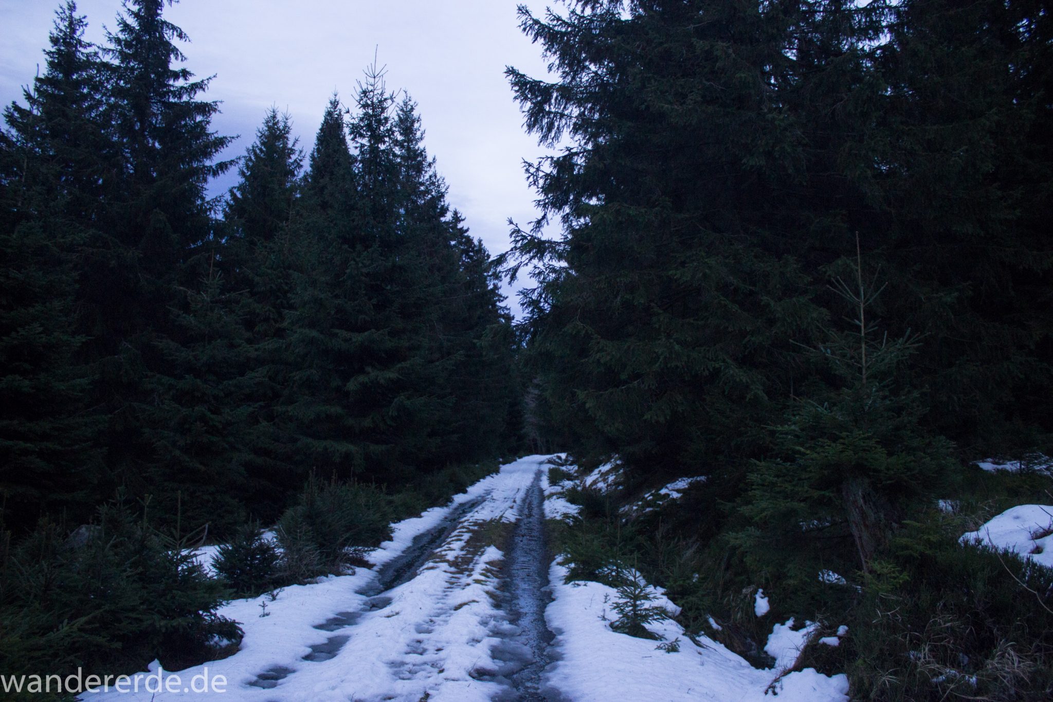 Wanderung zum Brocken über Goetheweg ab Torfhaus, Wanderung im Harz in Niedersachsen, Wanderweg auf Berg Brocken in Sachsen-Anhalt, Reste von Schnee schmelzen, von Brocken zurück zum Torfhaus über den Wanderweg durch das Eckertal, Fluss Ecker fließt mal mehr und mal weniger über den schmalen Wanderweg, umgeben von schönem, dichtem Wald, im Winter bei Schneeschmelze also unbedingt wasserdichte Schuhe, zum Ende der Wanderung wird es bereits dunkel, tolle Atmosphäre