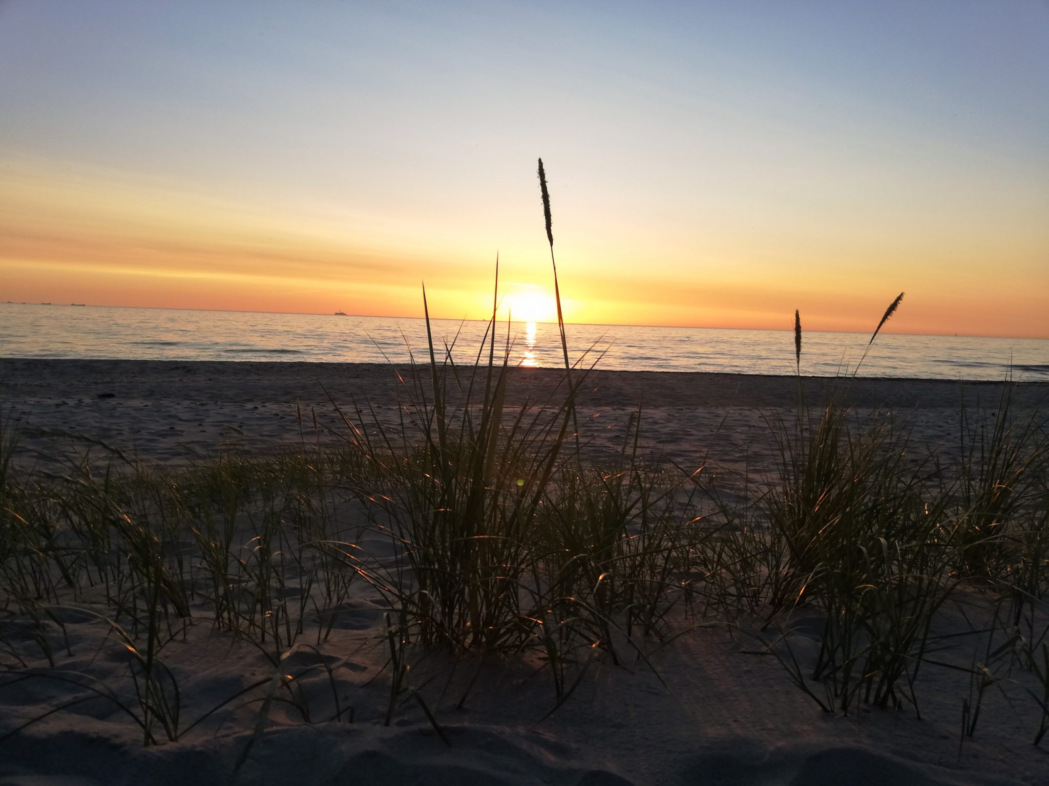 Wandern an der Ostsee von Markgrafenheide nach Dierhagen auf dem E9, fünfte Etappe des Wanderwegs an der Ostseeküste von Wismar nach Zingst, Sonnenuntergang am menschenleeren schönen und sehr weitläufigen Sandstrand an der Ostsee in der Nähe von Markgrafenheide, sanfte Wellen rollen ans Ufer, Gräser der Dünenvegetation, sehr romantische Stimmung, traumhafte Sonnenuntergänge hinter dem Meer an der Ostsee