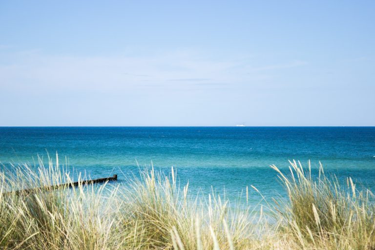 Wandern an der Ostsee von Dierhagen nach Ahrenshoop auf dem E9, sechste Etappe des Wanderwegs an der Ostseeküste von Wismar nach Zingst, am Strand an der Ostsee wandern wir weiter Richtung Ort Wustrow, traumhaft schöne Aussicht auf das Meer und mit Schilf bewachsene Düne, Ostsee mit sauberem klarem Wasser