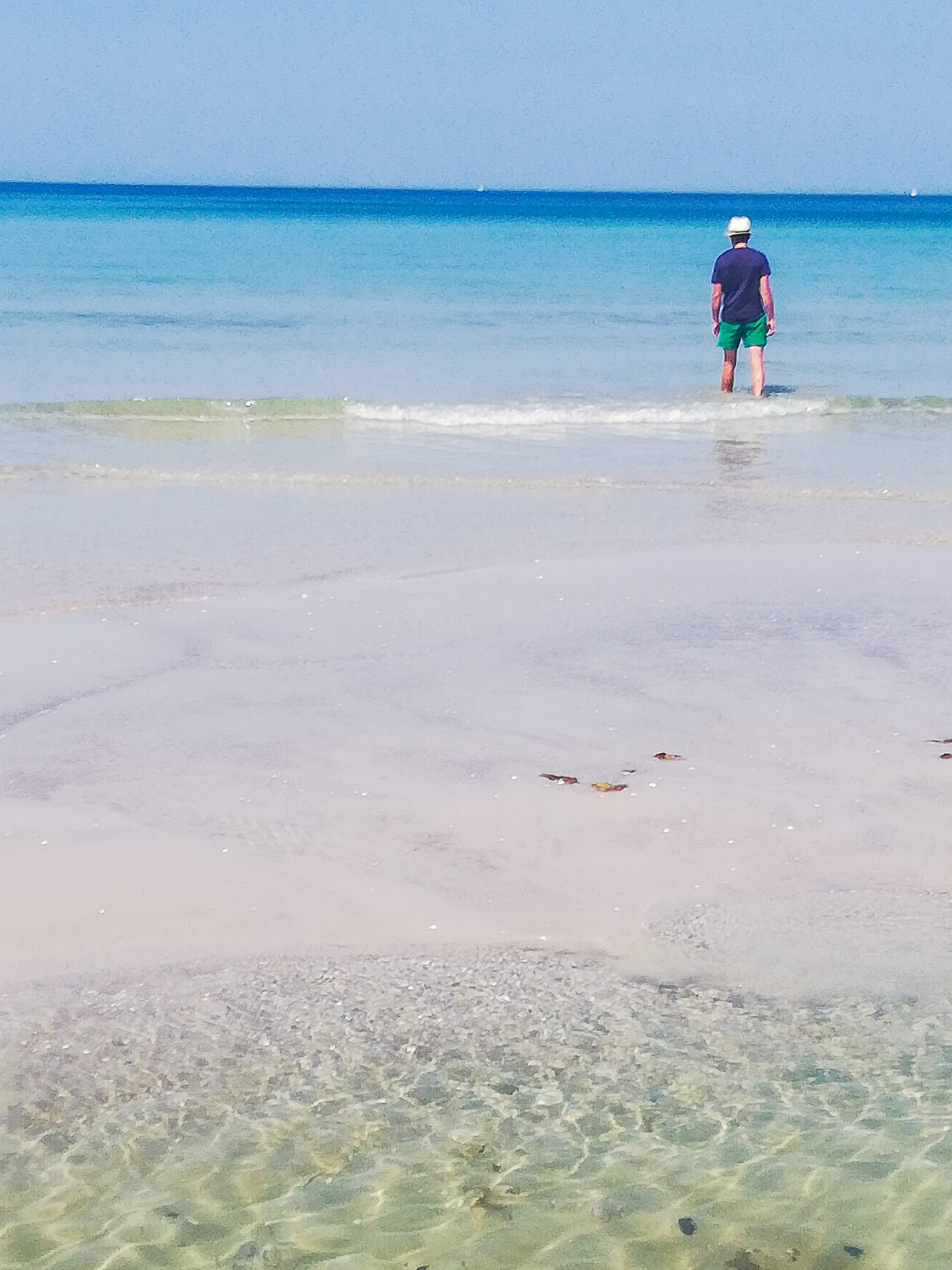 Wandern an der Ostsee von Ahrenshoop nach Zingst auf dem E9, siebte Etappe des Wanderwegs an der Ostseeküste von Wismar nach Zingst, Wanderer steht an langem, weißem Sandstrand bei Ahrenshoop an der Ostsee, schönes, sauberes Meer mit klarem Wasser, kleine Wellen brechen sanft am Ufer, wolkenloser Himmel, Bild könnte auch in der Karibik entstanden sein