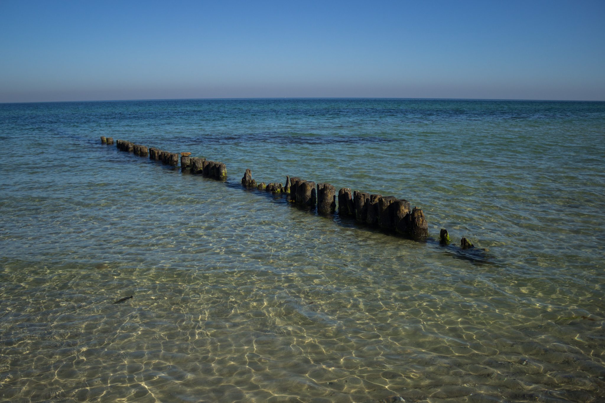 Wandern an der Ostsee von Markgrafenheide nach Dierhagen auf dem E9, fünfte Etappe des Wanderwegs an der Ostseeküste von Wismar nach Zingst, kristallklares und angenehm kühles Meerwasser an der Ostsee, Buhnen zum Küstenschutz vermindern die Strömungen in der Ostsee, sanfte Wellen rollen ans Ufer