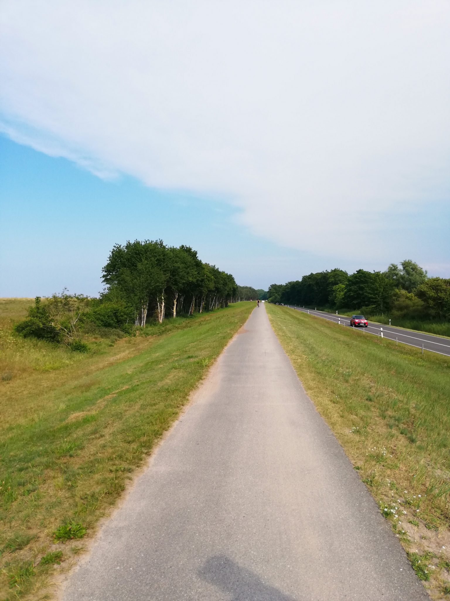 Wandern an der Ostsee von Ahrenshoop nach Zingst auf dem E9, siebte Etappe des Wanderwegs an der Ostseeküste von Wismar nach Zingst, nach Ort Prerow verläuft der Wanderweg nach Zingst auf befestigter, asphaltierter Düne, welcher auch der Fahrradweg ist und neben der Hauptstraße verläuft
