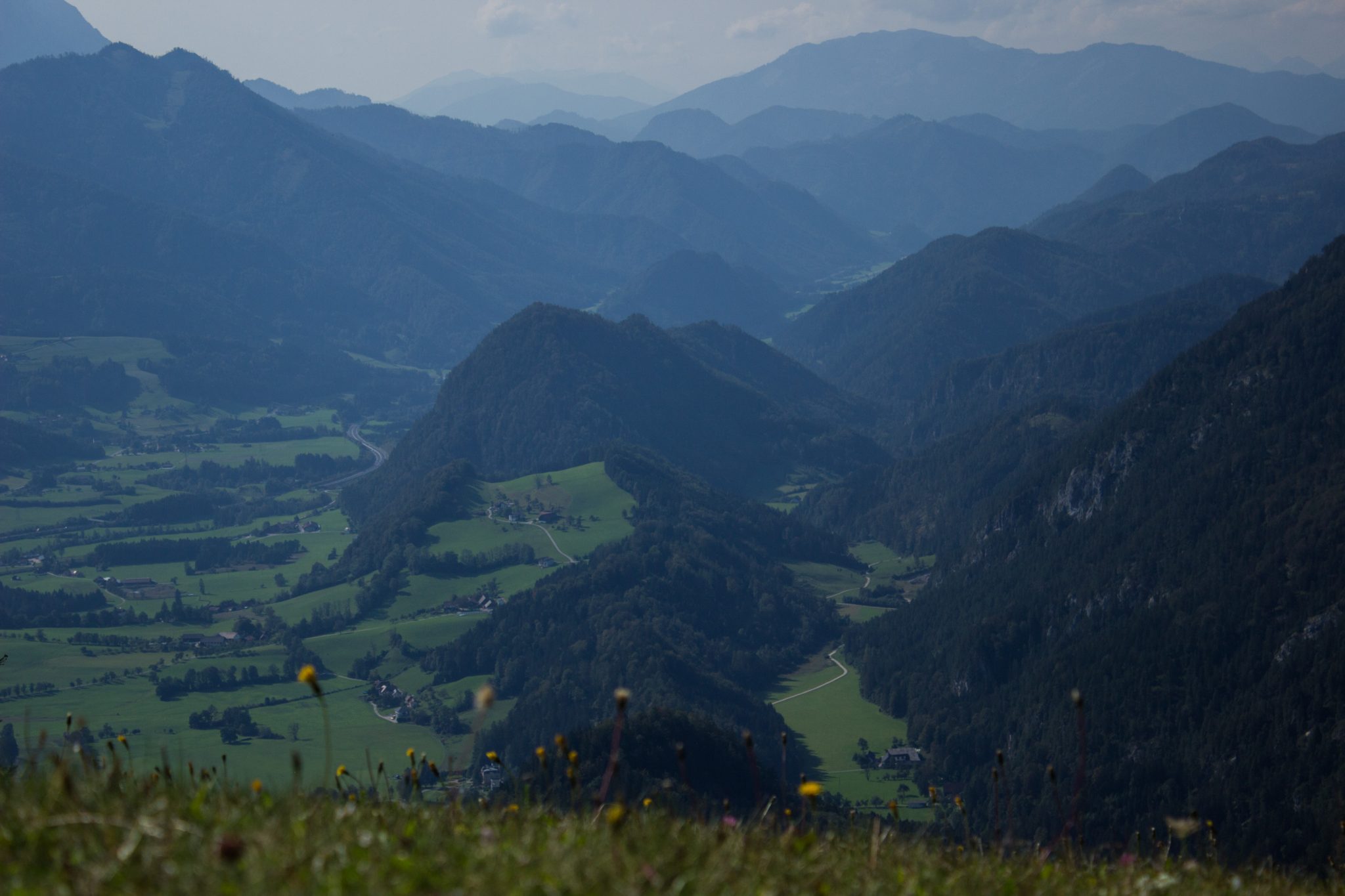 Wandern bei Windischgarsten auf den Kleinerberg über Salzabachtal, Leitersteig, Speikkogel und Schafsteig im Nationalpark Kalkalpen in Oberösterreich, Aussicht vom Kleinerberg genießen auf das weite Tal, die umliegenden Berge und Wälder an warmem Sommertag