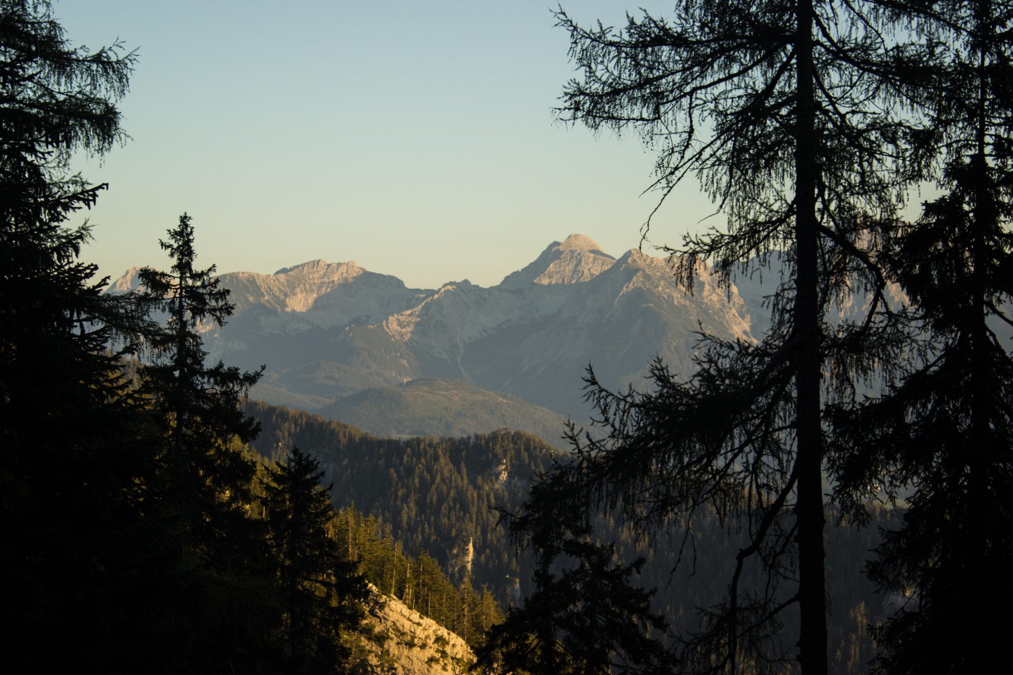 Wanderung Hoher Nock ab Windischgarsten im Nationalpark Kalkalpen in Oberösterreich, nahender Sonnenuntergang taucht die Berge in schönes Licht, auf dem Rückweg vom Berg Hoher Nock in Österreich, weite Aussicht auf umliegende Bergwelt, sehr abwechslungsreiche Wanderung