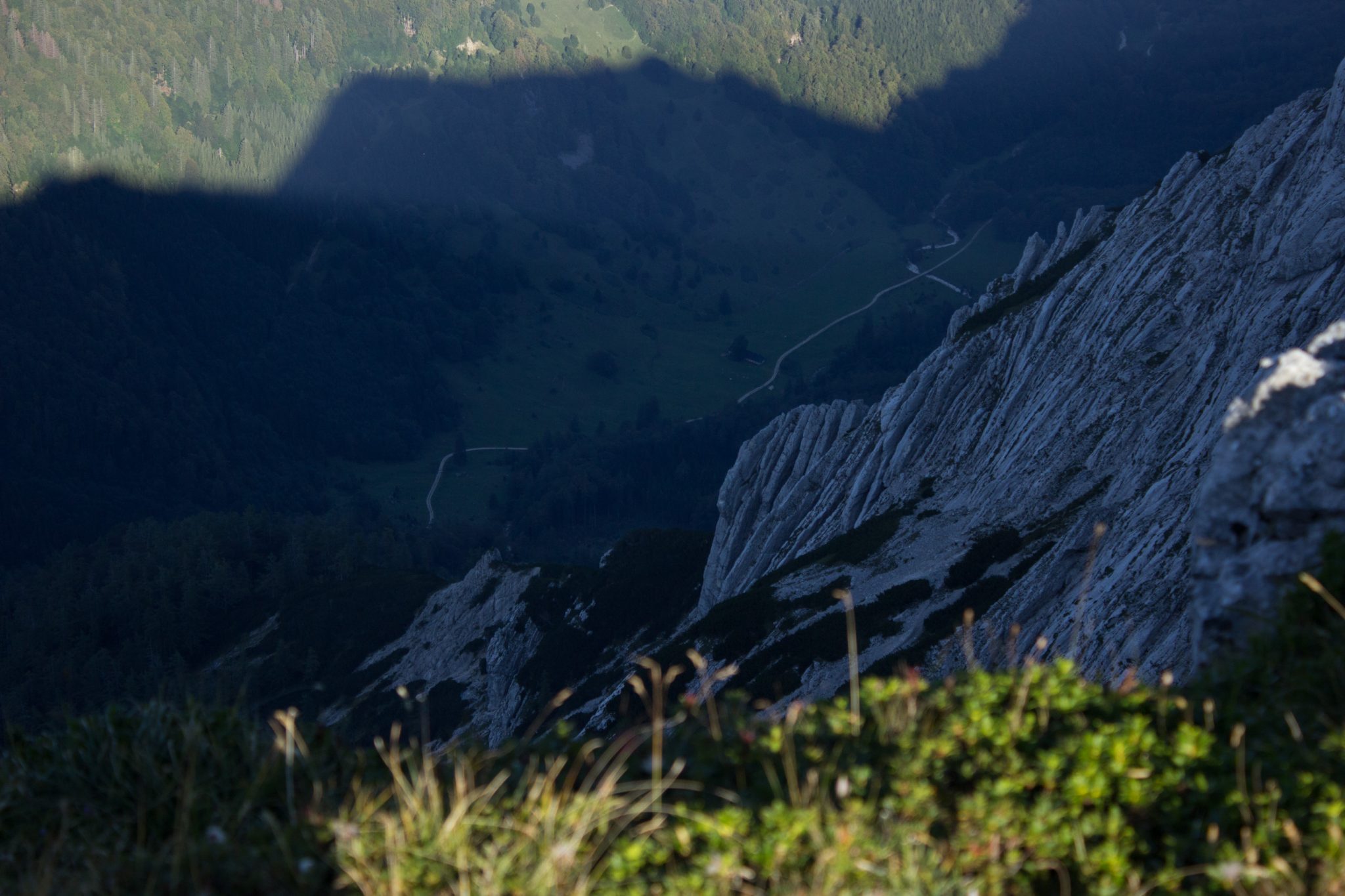 Wanderung Hoher Nock ab Windischgarsten im Nationalpark Kalkalpen in Oberösterreich, auf dem Berggipfel vom Hohen Nock angekommen mit ziemlich großer Gipfelebene, beeindruckender Blick auf die steil abfallenden Felswände vom Berg Hoher Nock, weite Aussichten bis runter ins Tal