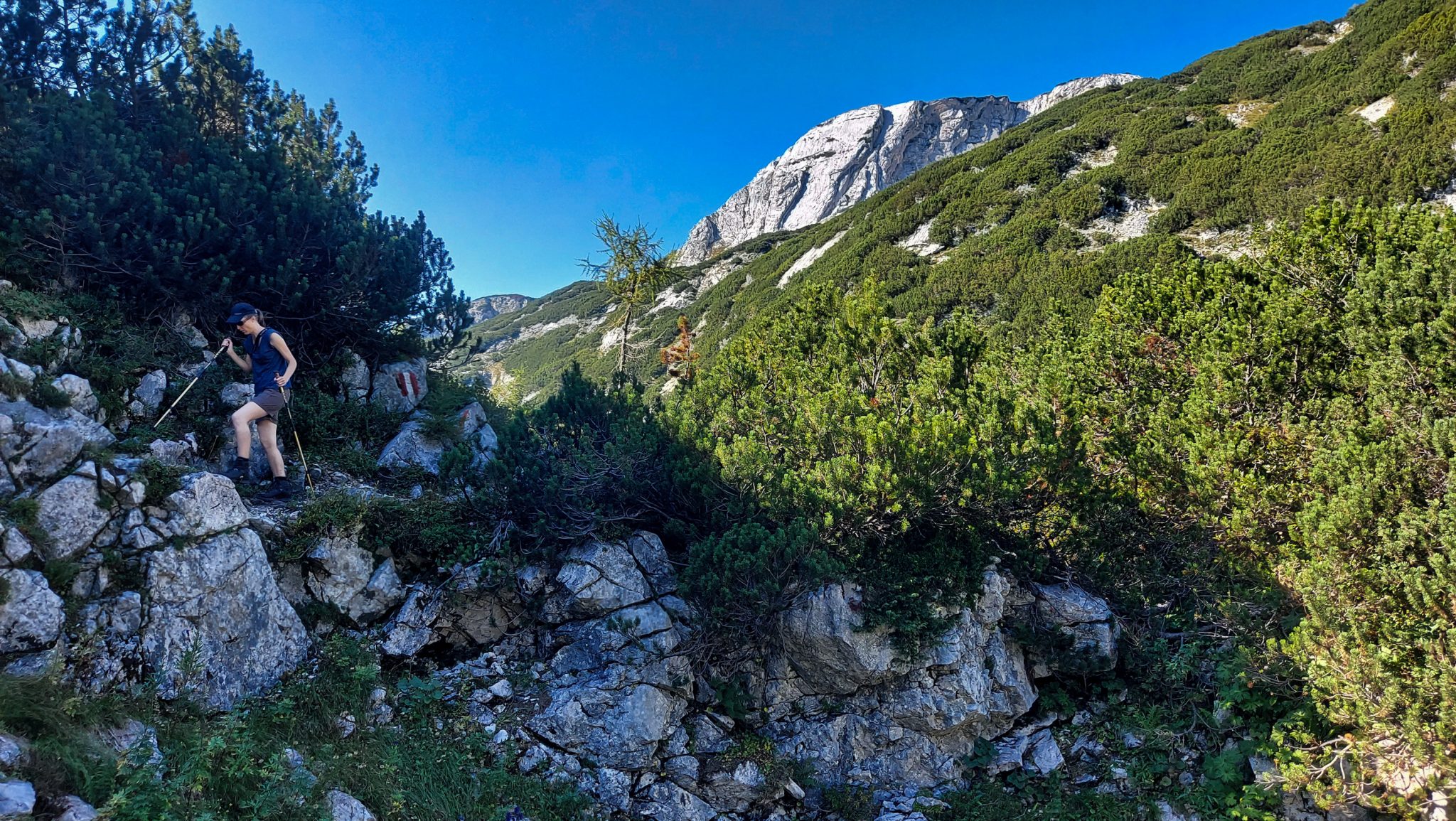 Wanderung Hoher Nock ab Windischgarsten im Nationalpark Kalkalpen in Oberösterreich, Wanderer unterwegs auf schmalem Wanderweg über Stock und Stein, abwechslungsreiche Wegführung in beeindruckender Bergwelt