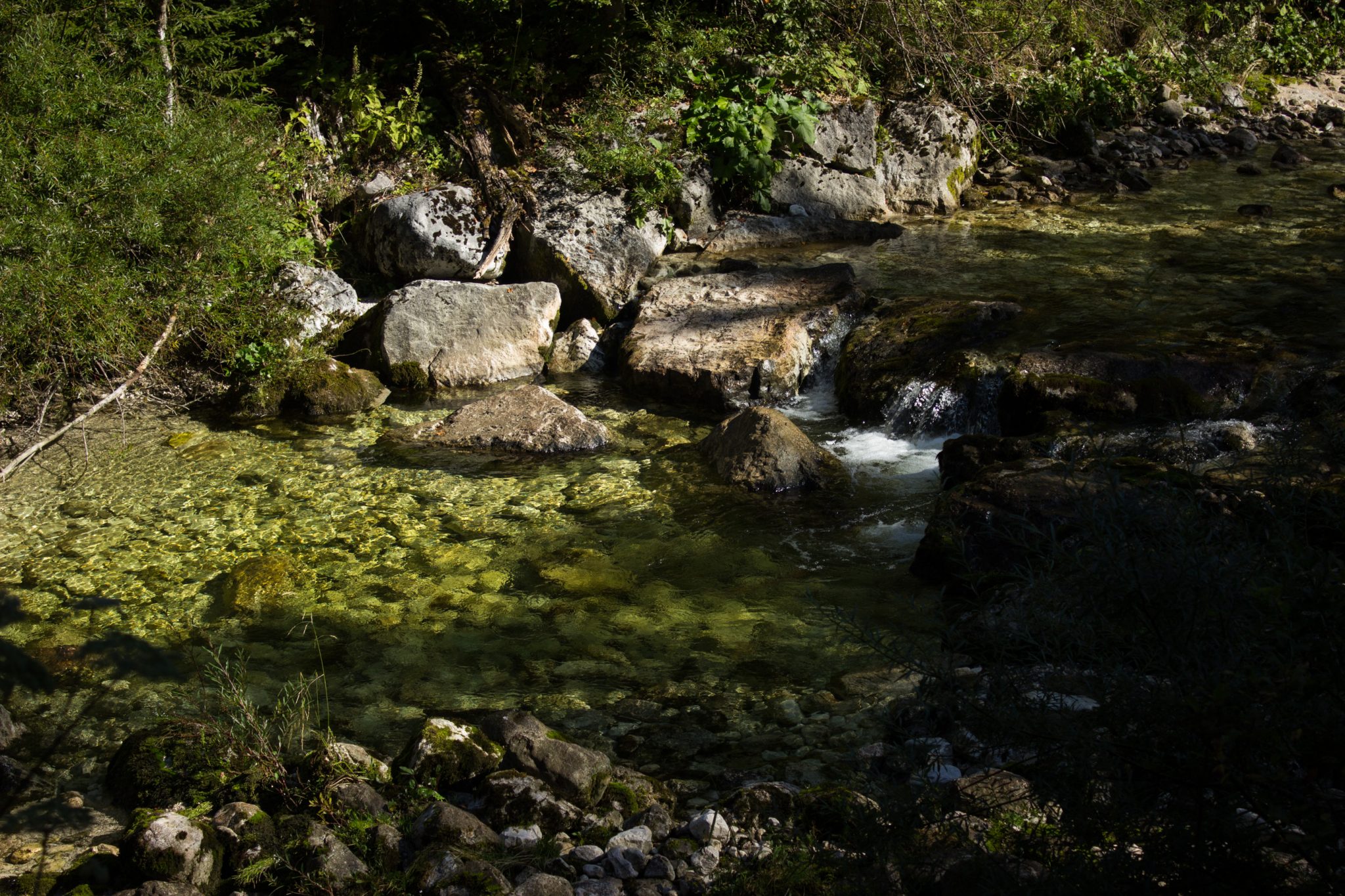 Wanderung Hoher Nock ab Windischgarsten im Nationalpark Kalkalpen in Oberösterreich, Start der Wanderung im Rettenbachtal, Rettenbach muss überquert werden, klares Wasser