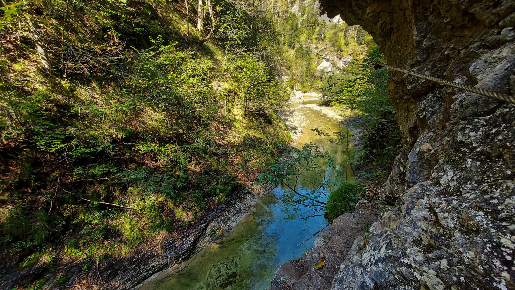 Wandern zur Anlaufalm im Reichraminger Hintergebirge vom Parkplatz Weißwasser durch die Große Schlucht entlang des Baches Weißwasser im Nationalpark Kalkalpen in Oberösterreich, Blick auf den Triftsteig, einem Klettersteig nur für Geübte, Wanderweg führt weiter entlang des Baches, Schlucht umgeben von dichtem und sattgrünem Wald, Wasser des Baches ist sehr sauber und klar