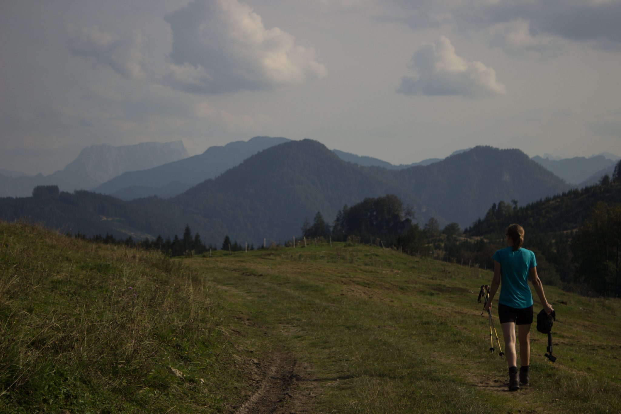 Wandern zur Anlaufalm im Reichraminger Hintergebirge vom Parkplatz Weißwasser durch die Große Schlucht entlang des Baches Weißwasser im Nationalpark Kalkalpen in Oberösterreich, Wanderer unterwegs auf weiter Ebene bei der Anlaufalm, weite Ausblicke auf die schöne Bergwelt in alle Himmelsrichtungen