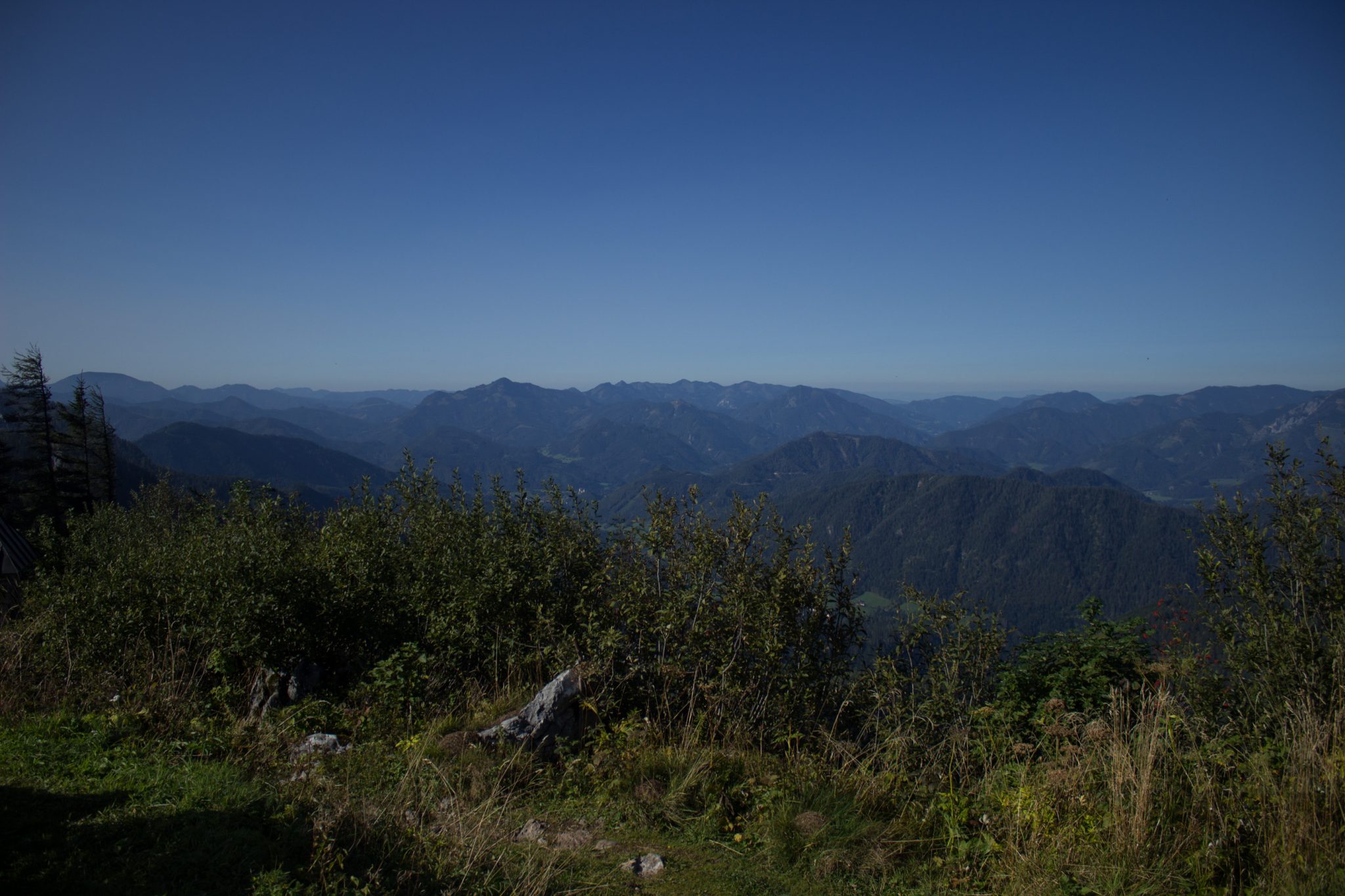 Wandern zur Ennstaler Hütte im Nationalpark Gesäuse im Bundesland Steiermark in Österreich, Wanderweg in den Ennstaler Alpen ab Parkplatz Gstatterboden, Blick auf dichten Wald und die imposanten Berge im Gesäuse, sehr beeindruckende Aussicht auf mehrere Gebirgszüge hintereinander, warmer Tag im Spätsommer