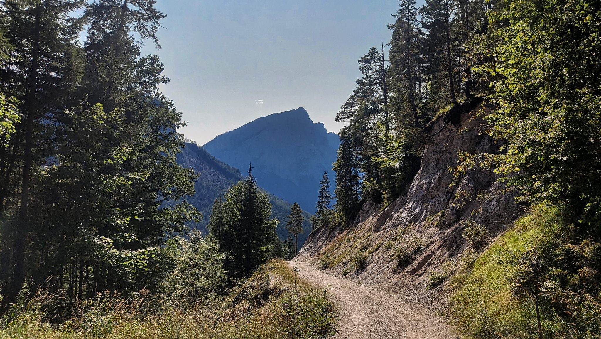 Wandern zur Ennstaler Hütte im Nationalpark Gesäuse im Bundesland Steiermark in Österreich, Wanderweg in den Ennstaler Alpen ab Parkplatz Gstatterboden, Blick auf den Wanderweg zur Ennstaler Hütte, breiter Wanderweg mit weiten Aussichten auf die Bergwelt