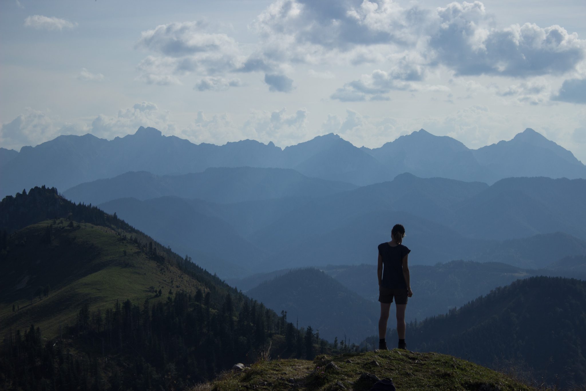 Wanderung zur Ennser Hütte und auf den Almkogel vom Parkplatz Bamacher bei  Großraming in Oberösterreich, Nationalpark-Region Ennstal, beim Almkogel gibt es eine weite und grandiose Aussicht auf die umliegende Bergwelt der Oberösterreichischen Voralpen, Wanderer genießt nach Erreichen des Gipfels die Aussicht, herrlicher Wandertag im Sommer