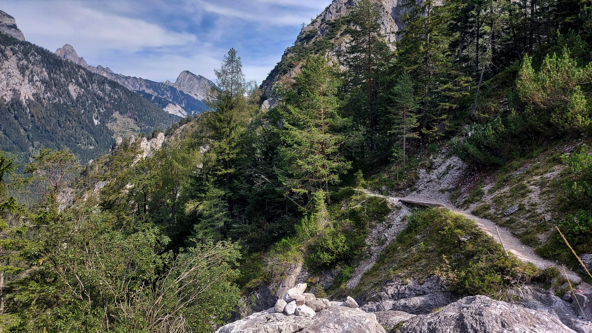 Wanderung zur Haindlkarhütte und Gsengscharte im Nationalpark Gesäuse im Bundesland Steiermark in Österreich, Wanderweg in den Ennstaler Alpen ab Parkplatz Haindlkarhütte vom Gstatterboden, Blick auf den Wanderweg zur Haindlkarhütte umgeben von dichter Vegetation im Spätsommer, Aussicht auf die beeindruckenden Berge im Gesäuse