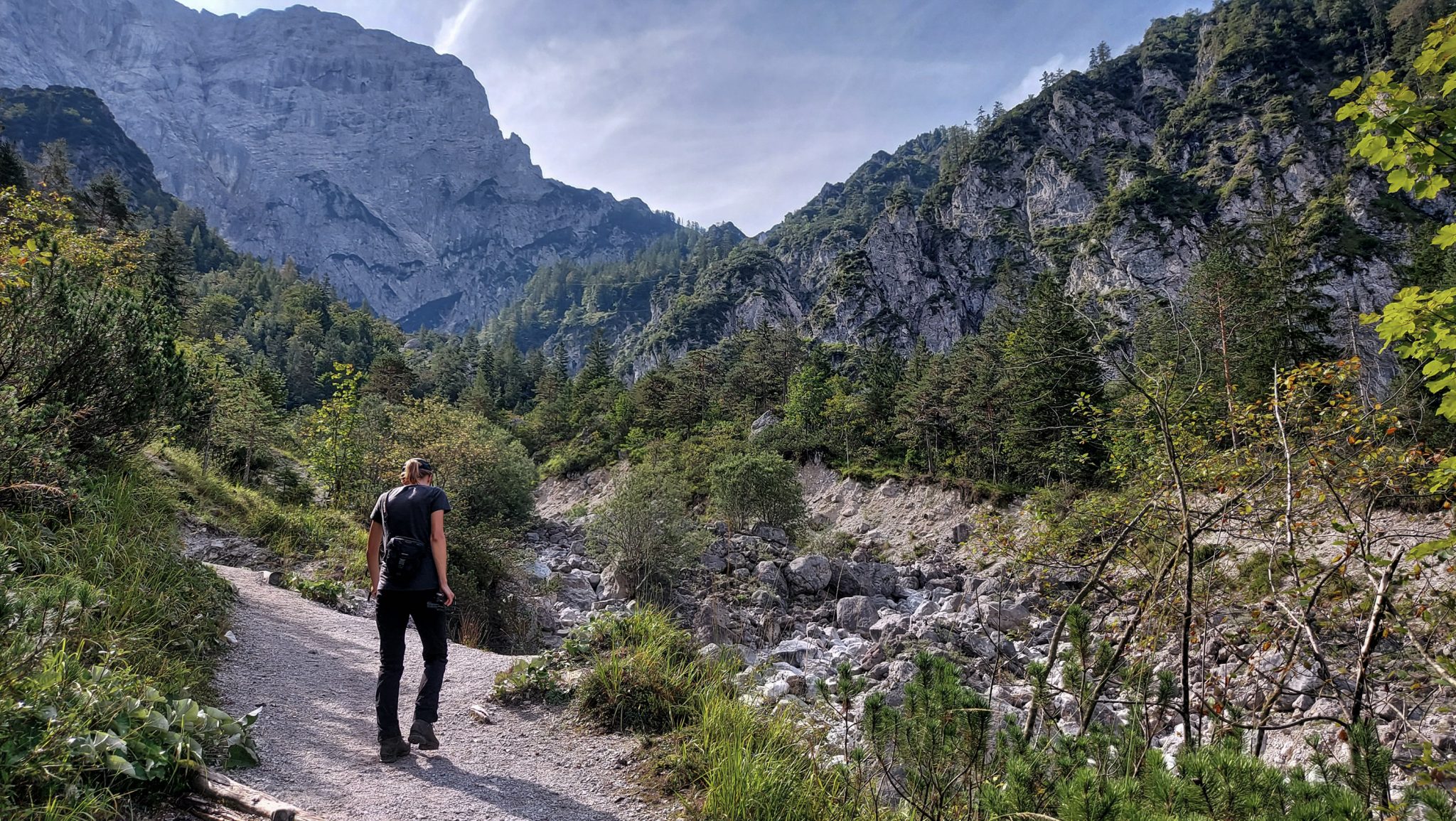 Wanderung zur Haindlkarhütte und Gsengscharte im Nationalpark Gesäuse im Bundesland Steiermark in Österreich, Wanderweg in den Ennstaler Alpen ab Parkplatz Haindlkarhütte vom Gstatterboden, Wanderer unterwegs auf dem Weg zur Haindlkarhütte umgeben von Vegetation, Aussicht auf die beeindruckenden Berge im Gesäuse
