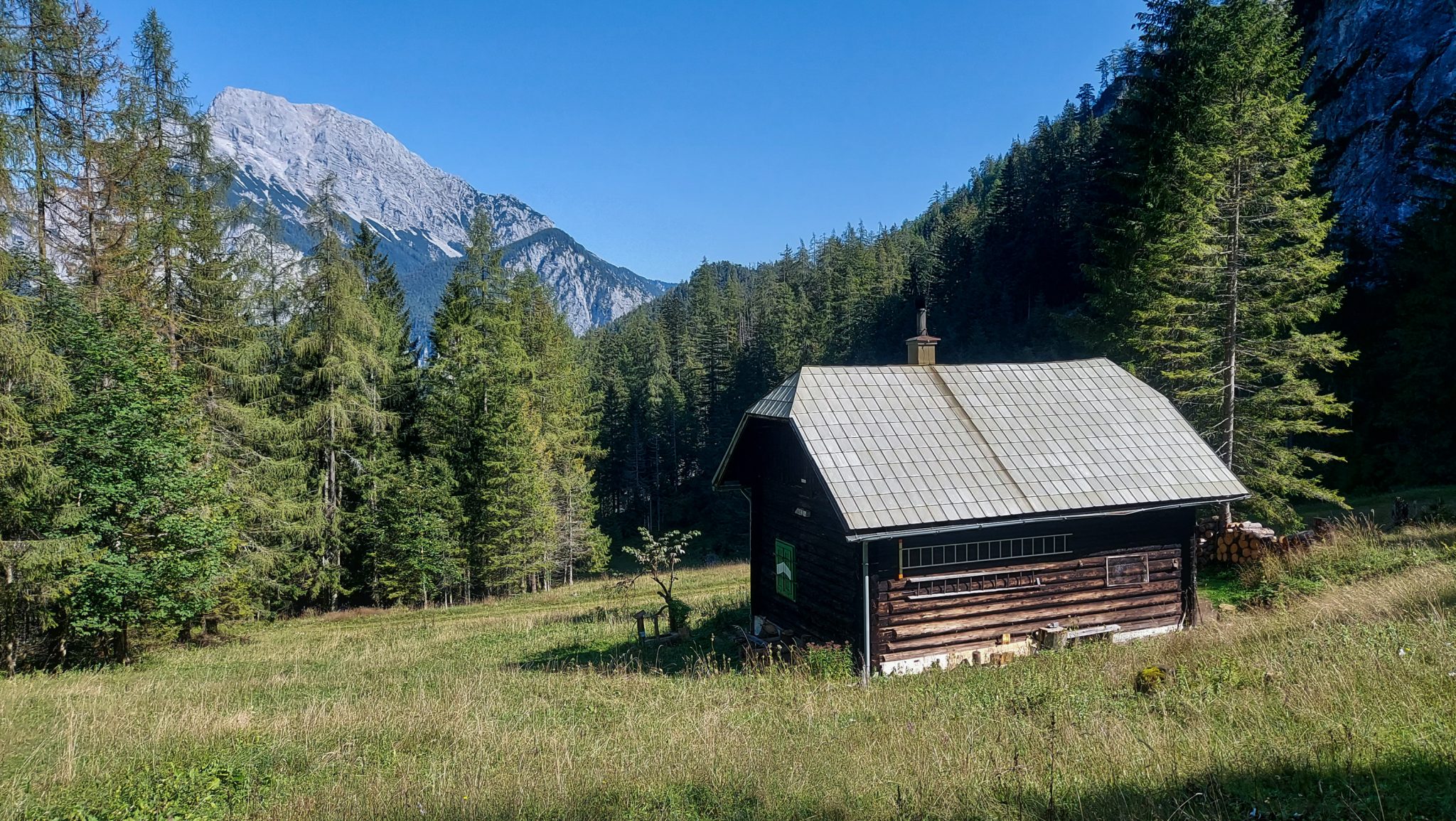 Wandern im Nationalpark Gesäuse - Rundweg mit Goferhütte im Bundesland Steiermark in Österreich, Wanderweg in den Ennstaler Alpen, Blick auf die Goferhütte für Selbstversorger, umgeben von dichtem Wald und die beeindruckende Bergwelt in der Ferne im Nationalpark Gesäuse
