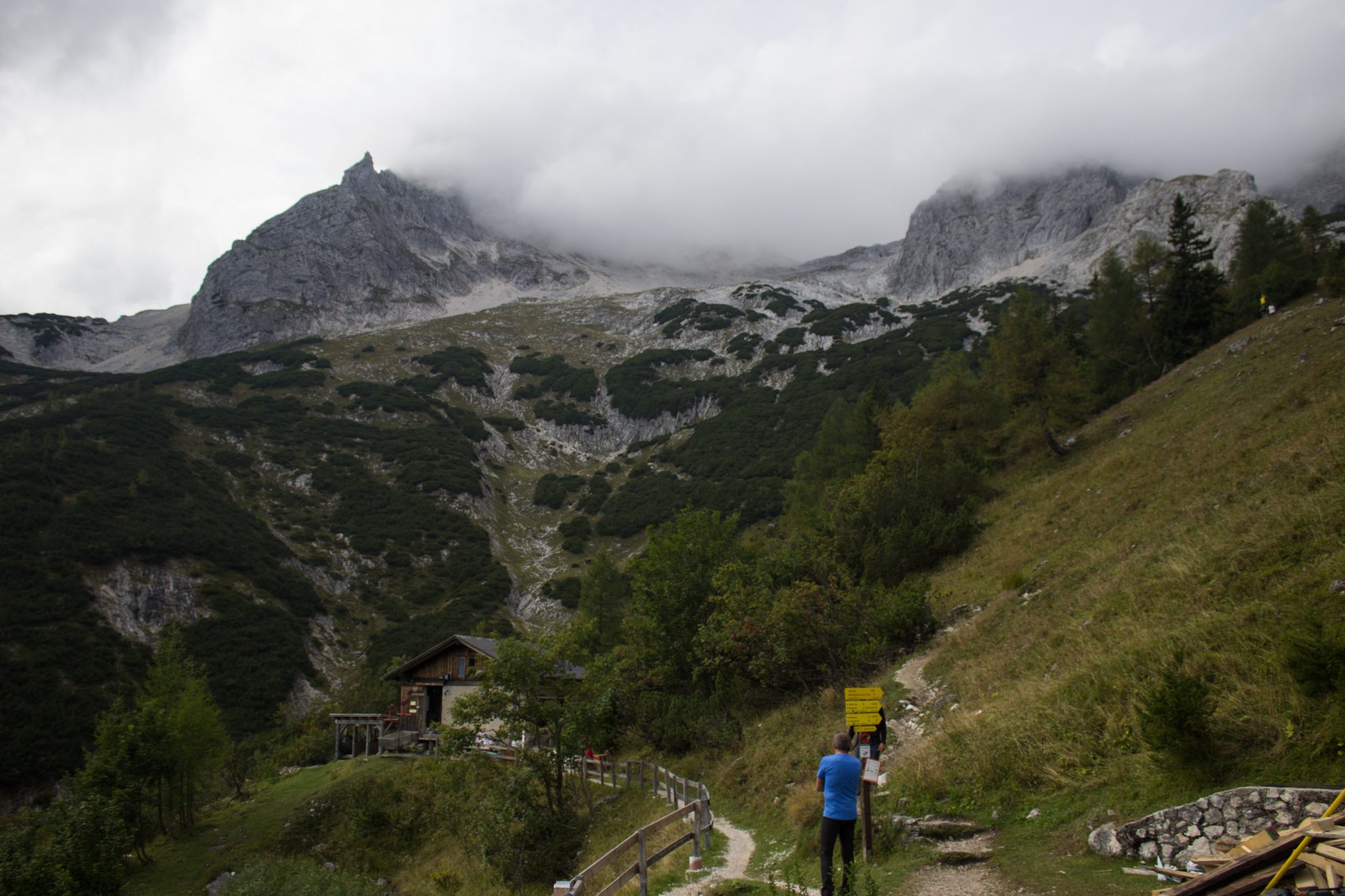 Wanderung zum Prielschutzhaus von Hinterstoder im Toten Gebirge in Oberösterreich, nach ebenem Wanderweg wird der Pfad ab Erreichen der vor einem liegenden Bergkette steil und bleibt dies bis zum Erreichen des Prielschutzhauses, erfordert einiges an Kondition, kurz vor Erreichen des Prielschutzhauses lichtet sich der Wald, aber es ist wolkig und angenehm kühl, geht über Stock und Stein, macht Spaß in hohem Tempo hoch zu wandern