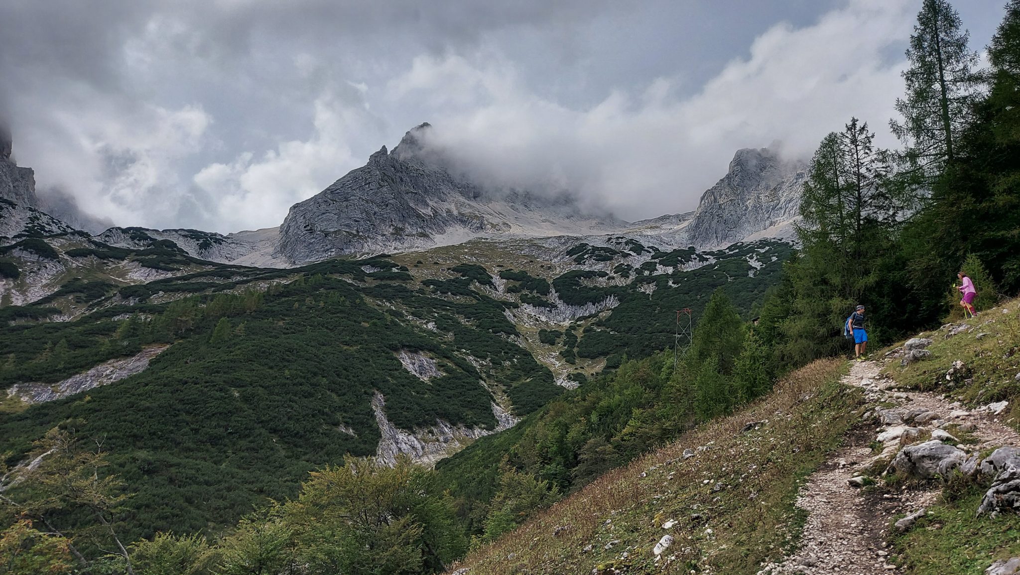 Wanderung zum Prielschutzhaus von Hinterstoder im Toten Gebirge in Oberösterreich, nach ebenem Wanderweg wird der Pfad ab Erreichen der vor einem liegenden Bergkette steil und bleibt dies bis zum Erreichen des Prielschutzhauses, erfordert einiges an Kondition, kurz vor Erreichen des Prielschutzhauses lichtet sich der Wald, aber es ist wolkig und angenehm kühl, geht über Stock und Stein, macht Spaß in hohem Tempo hoch zu wandern, die Aussicht auf die umliegenden Berge ist grandios