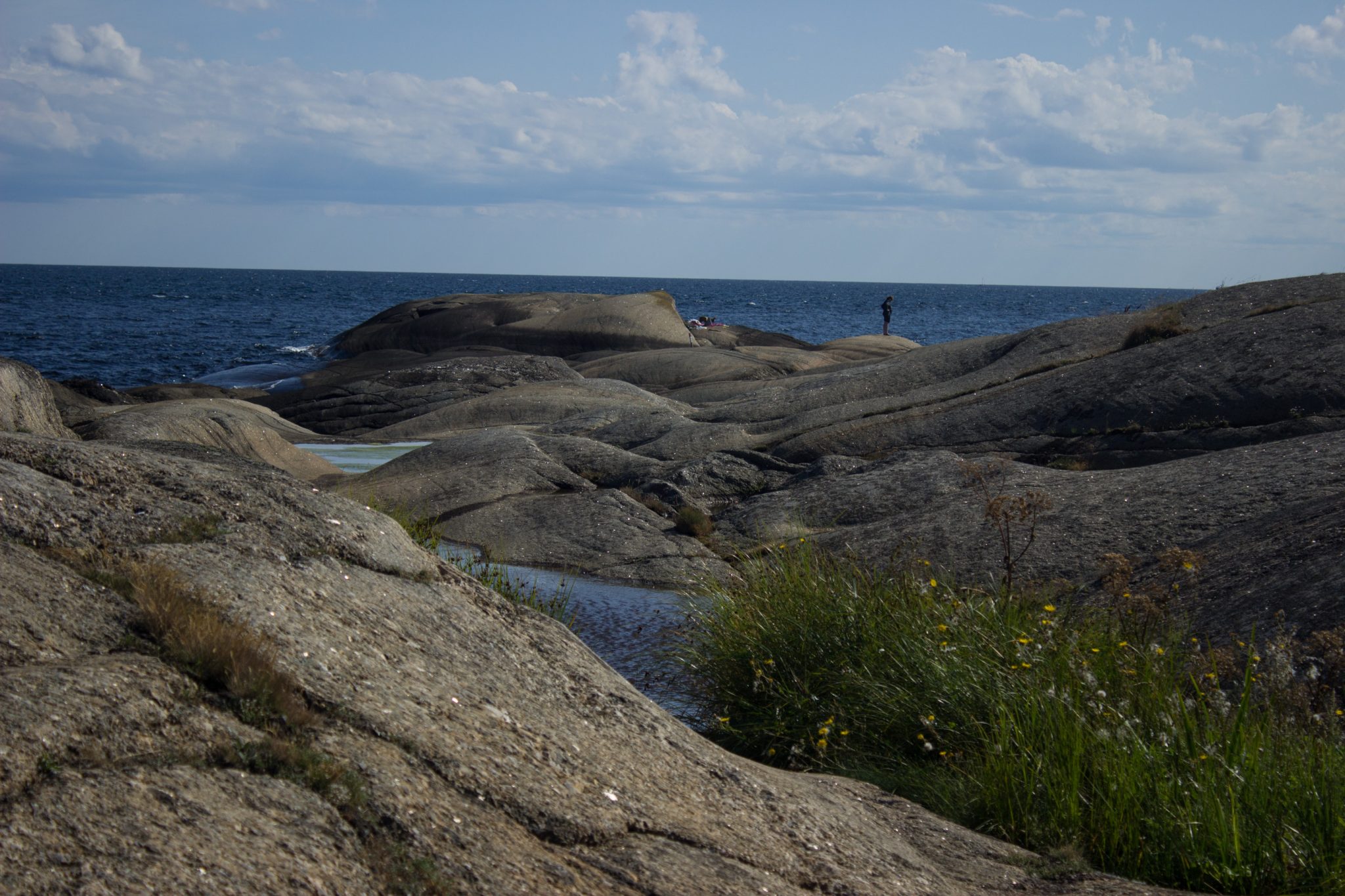 Küstenwanderung von Stavern nach Nevlunghavn, auf dem Kyststien entlang der Schärenküste von Vestfold in Südnorwegen, Wanderung entlang des Küstenpfads, Wegverlauf über große Felsen mit Meerblick und grüner Vegetation, schönes Wetter zum Wandern