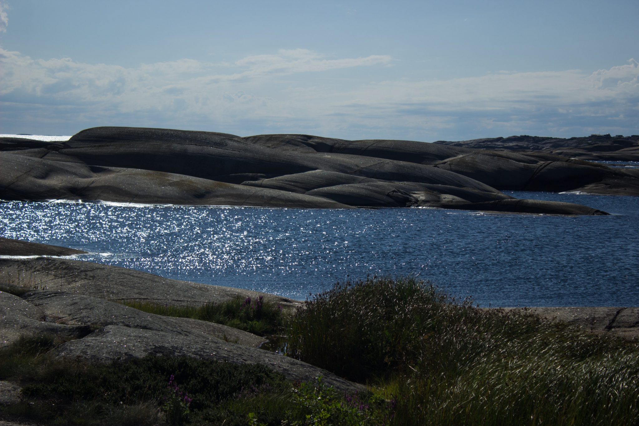 Küstenwanderung von Stavern nach Nevlunghavn, auf dem Kyststien entlang der Schärenküste von Vestfold in Südnorwegen, Wanderung entlang des Küstenpfads, Wegverlauf über große Felsen mit Meerblick und grüner Vegetation, schönes Wetter zum Wandern