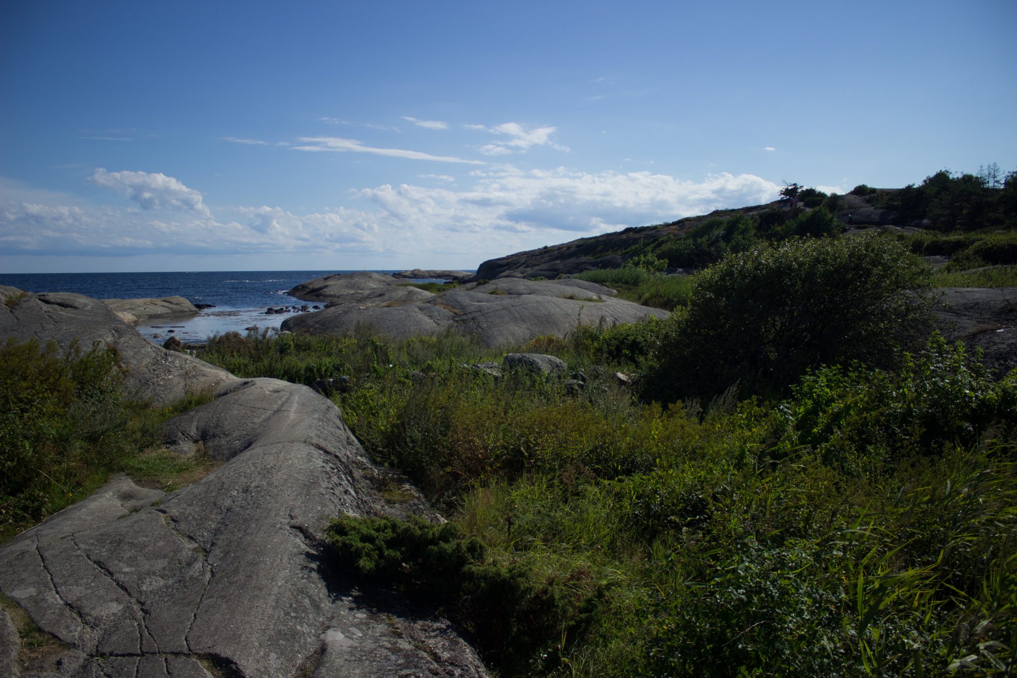 Küstenwanderung von Stavern nach Nevlunghavn, auf dem Kyststien entlang der Schärenküste von Vestfold in Südnorwegen, Wanderung entlang des Küstenpfads, Wegverlauf über große Felsen mit Meerblick und grüner Vegetation, schönes Wetter zum Wandern