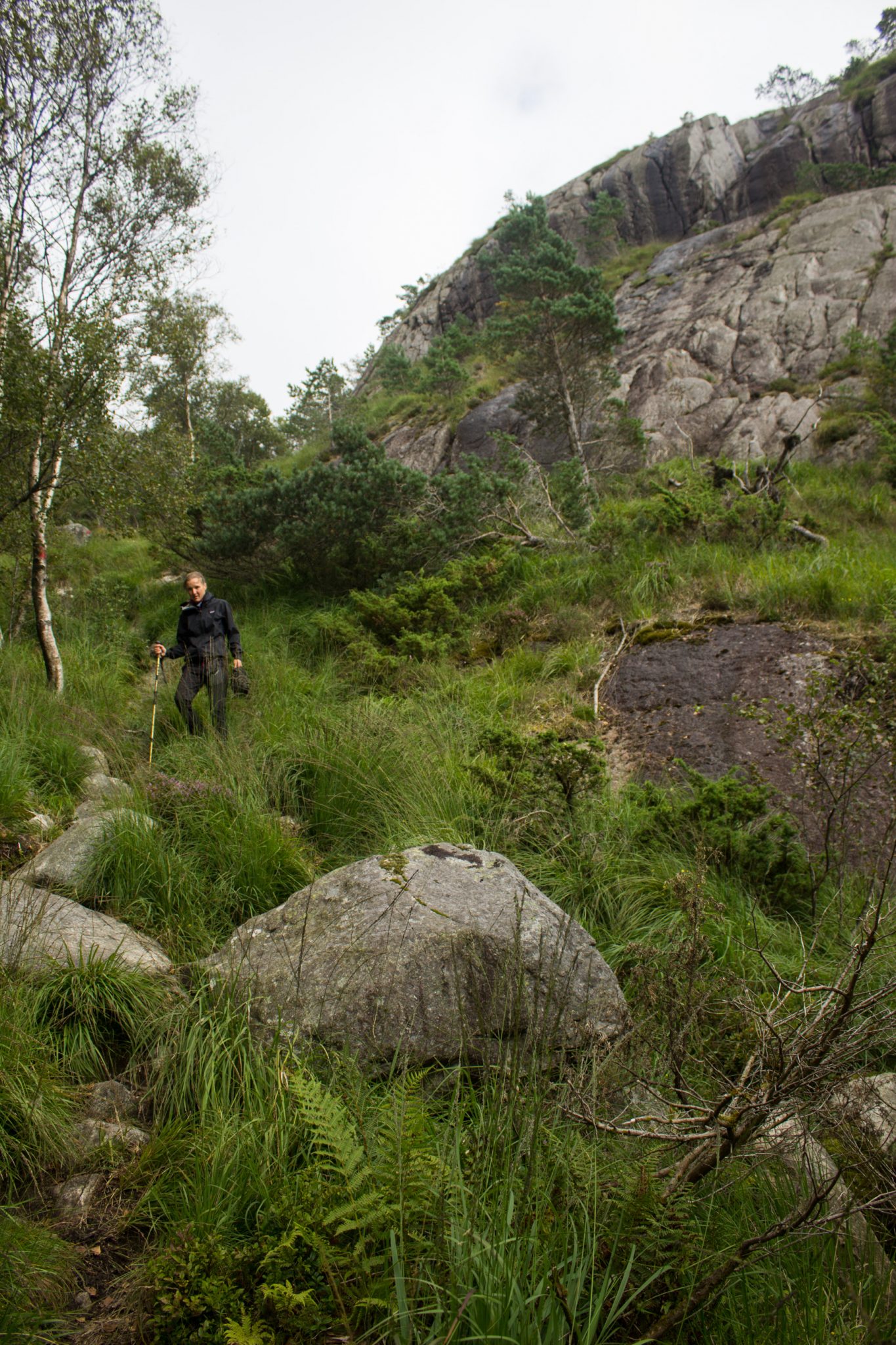 Wanderung beim Lysefjord mit Blick auf den Preikestolen, Startpunkt der Wanderung auf den Sokkaknuten ist beim Lysefjord Hyttegrend, Aussicht auf den Pulpit Rock, Wanderer unterwegs auf dem Wanderweg zum Sokkaknuten