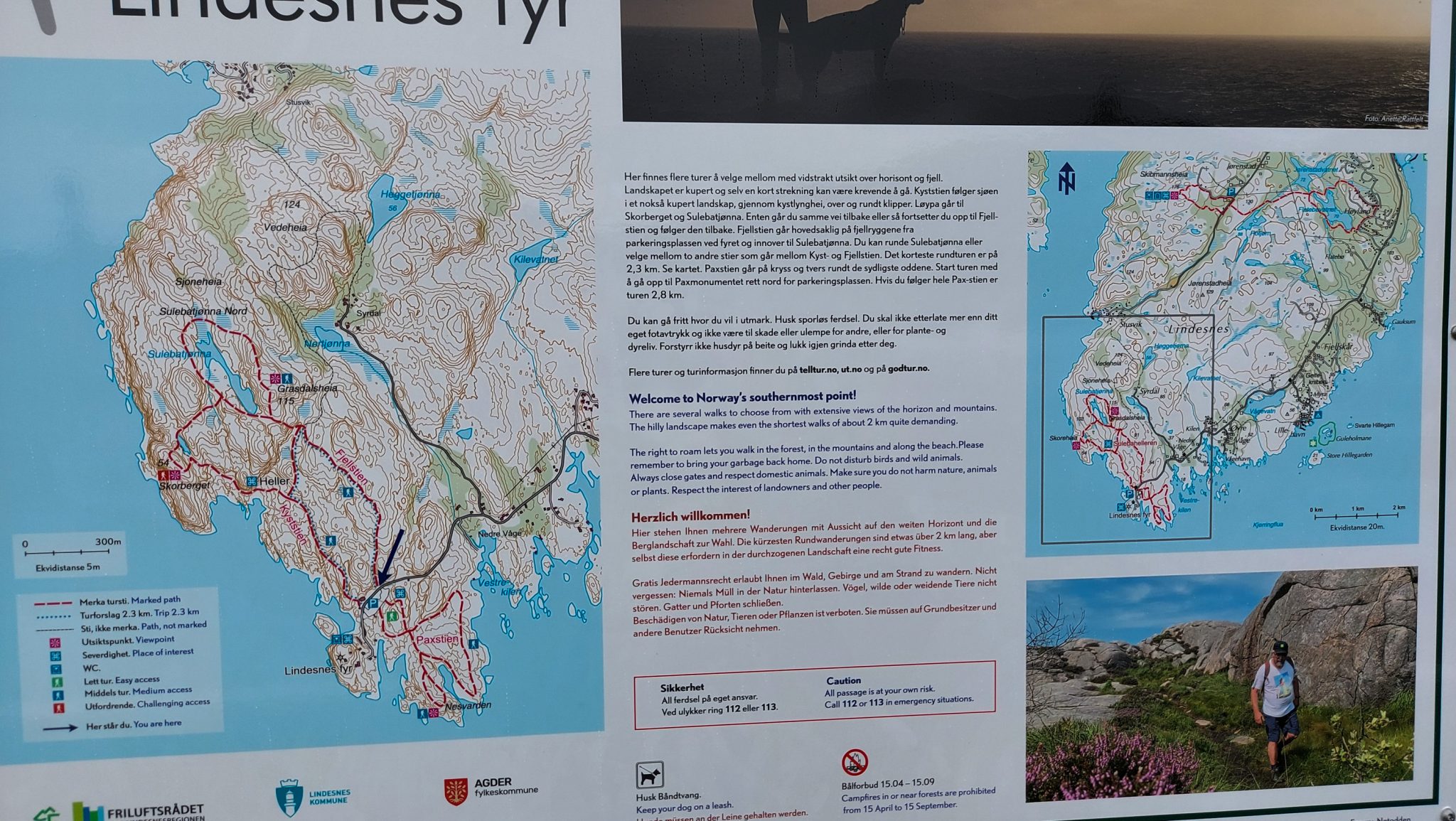 Wanderungen beim Kap Lindesnes, südlichster Punkt Norwegens, am Südkap in Norwegen, Karte mit verschiendenen, möglichen Wanderungen