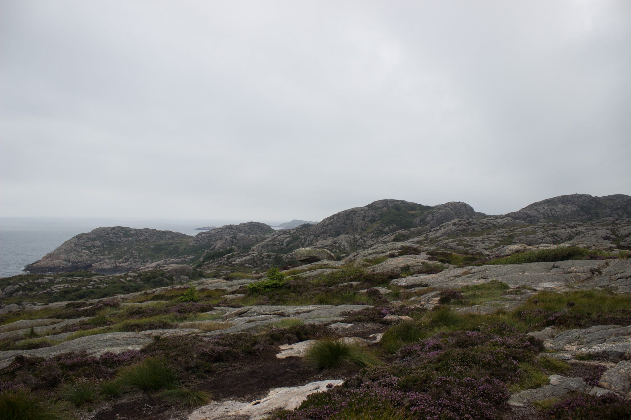 Wanderungen beim Kap Lindesnes, südlichster Punkt Norwegens, am Südkap in Norwegen, Wanderweg führt über große Felsen, grüne Vegetation an der Küste, Heidelandschaft, Aussicht auf das weite Meer