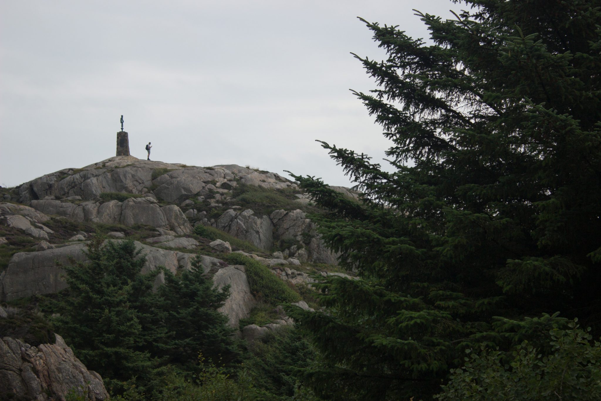Wanderungen beim Kap Lindesnes, südlichster Punkt Norwegens, am Südkap in Norwegen, Wanderer steht auf kleinem Berg und genießt die Aussicht, grüne Vegetation an der Küste