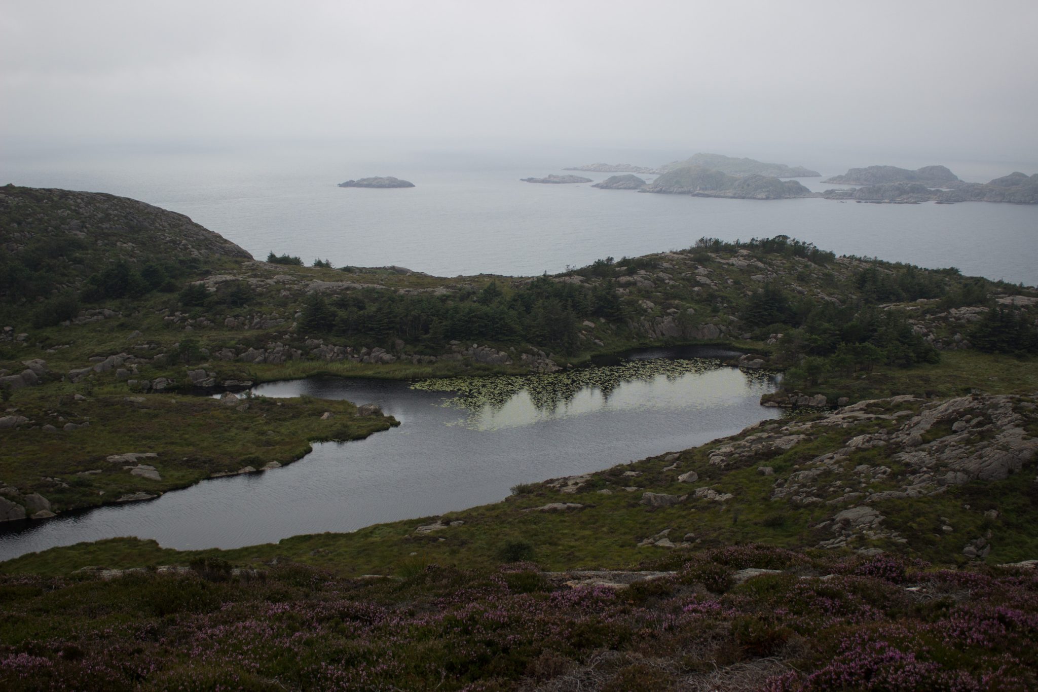 Wanderungen beim Kap Lindesnes, südlichster Punkt Norwegens, am Südkap in Norwegen, Wanderer unterwegs auf schmalem Pfad entlang großer Felsen, grüne Vegetation an der Küste, Heidelandschaft, Aussicht auf das weite Meer und kleine Seen