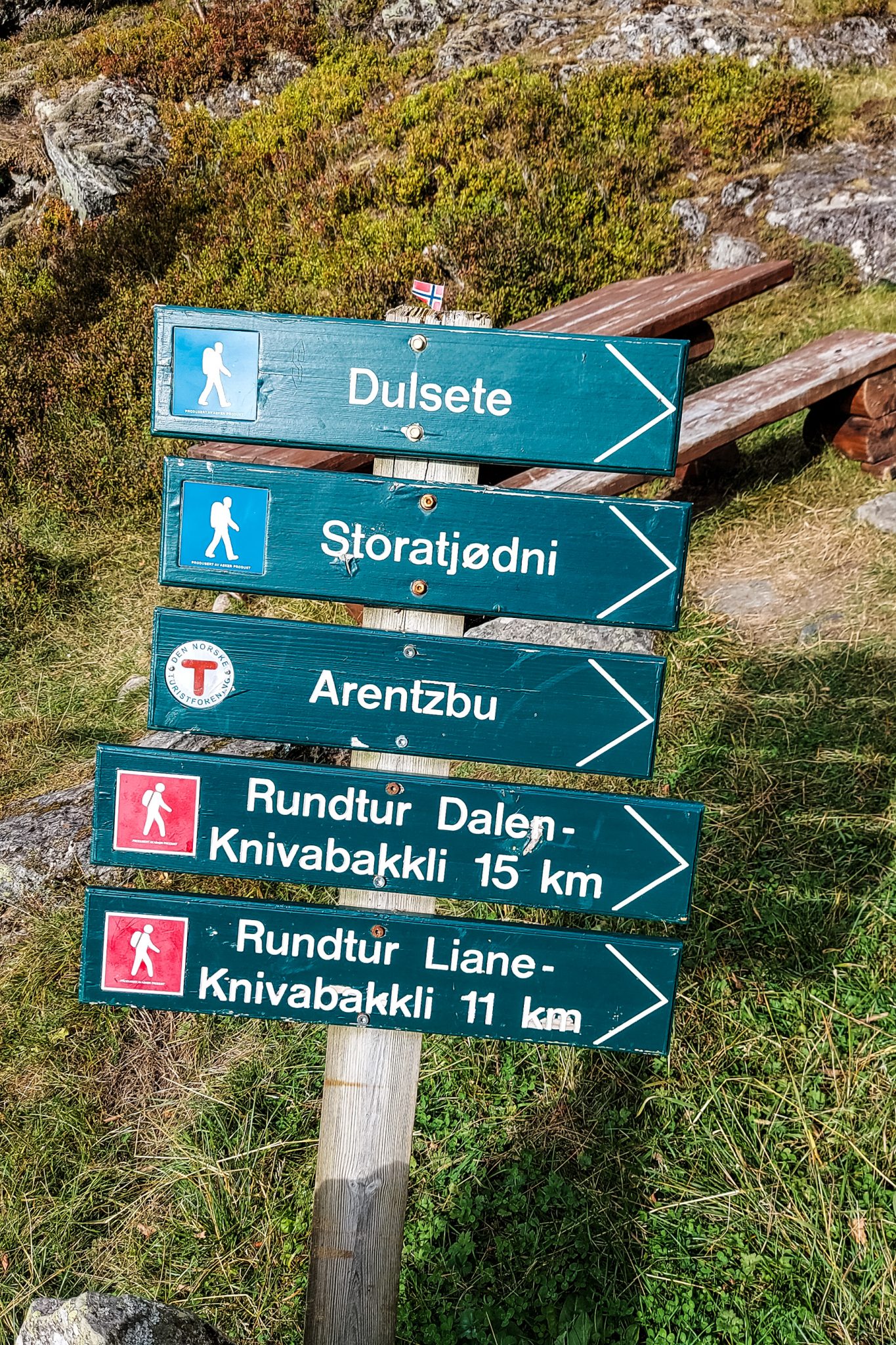 Traumhafte Talwanderung bei der Sognefjellet Road im Morkridsdalen beim Ort Skjolden, Rundwanderung Liane Knivabakkli, Wandern in Norwegen, Beschilderung mit Wanderwegen und Wanderzielen