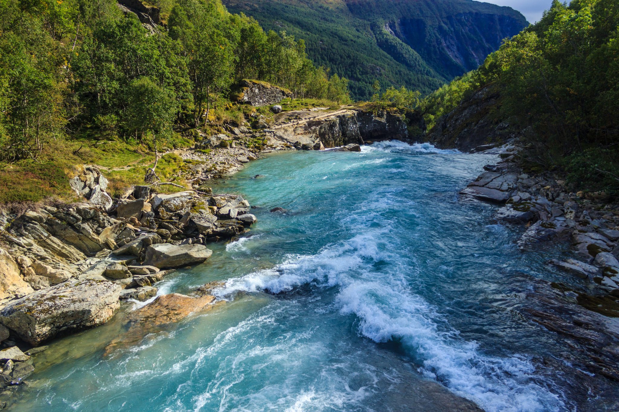 Traumhafte Talwanderung bei der Sognefjellet Road im Morkridsdalen beim Ort Skjolden, Rundwanderung Liane Knivabakkli, Wandern in Norwegen, am türkisblauen Fluss entlang, umgeben von Wald und Bergen