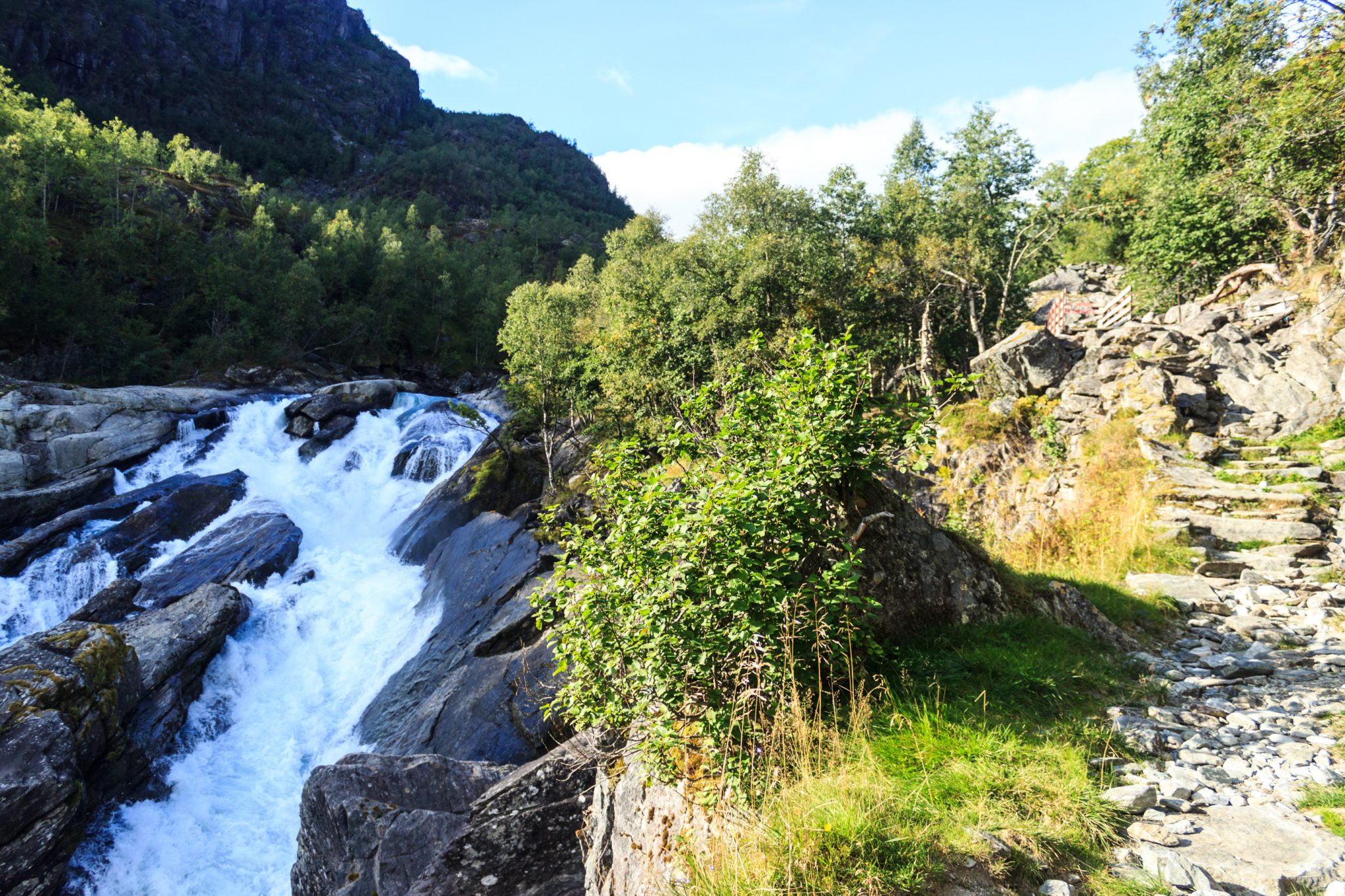 Traumhafte Talwanderung bei der Sognefjellet Road im Morkridsdalen beim Ort Skjolden, Rundwanderung Liane Knivabakkli, Wandern in Norwegen, am türkisblauen Fluss und Wasserfall entlang, umgeben von Wald und Bergen
