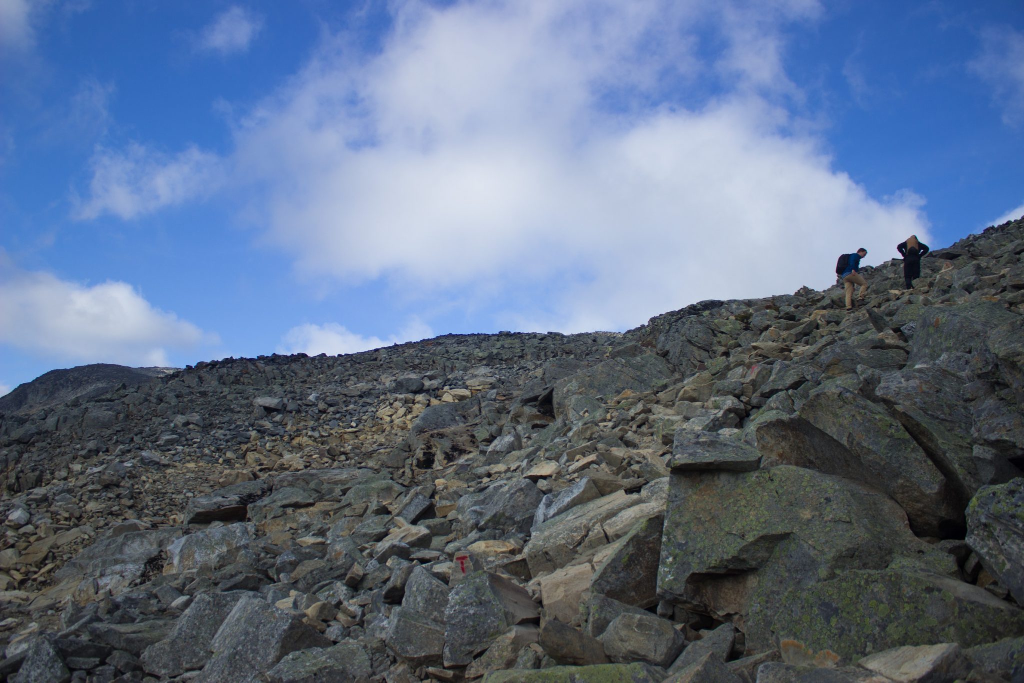 Wanderung auf den höchsten Berg Norwegens - der Galdhøpiggen ab Spiterstulen im Jotunheimen Nationalpark, auch höchster Berg Skandinaviens und Nordeuropas mit 2469 Höhenmetern, Blick auf den Wanderweg auf den Galdhøpiggen über große Steine