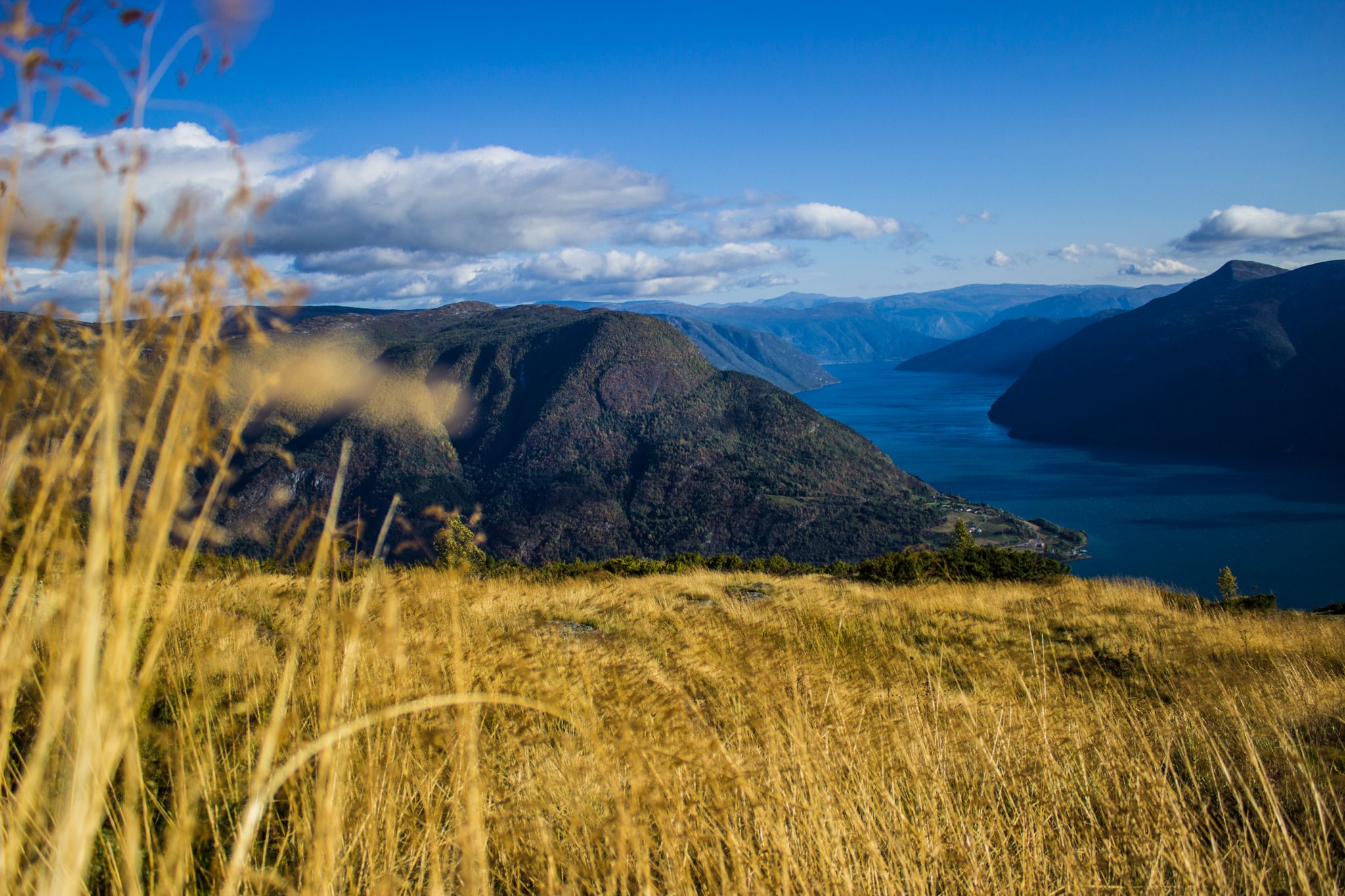Wanderung auf den Molden mit Aussicht auf den Lustrafjord bei Hafslo in Vestland, Norwegen, Start beim Wanderparkplatz Molden in der Nähe der Sognefjellet Straße, traumhafte Aussichten während des Rundweges auf dem Molden